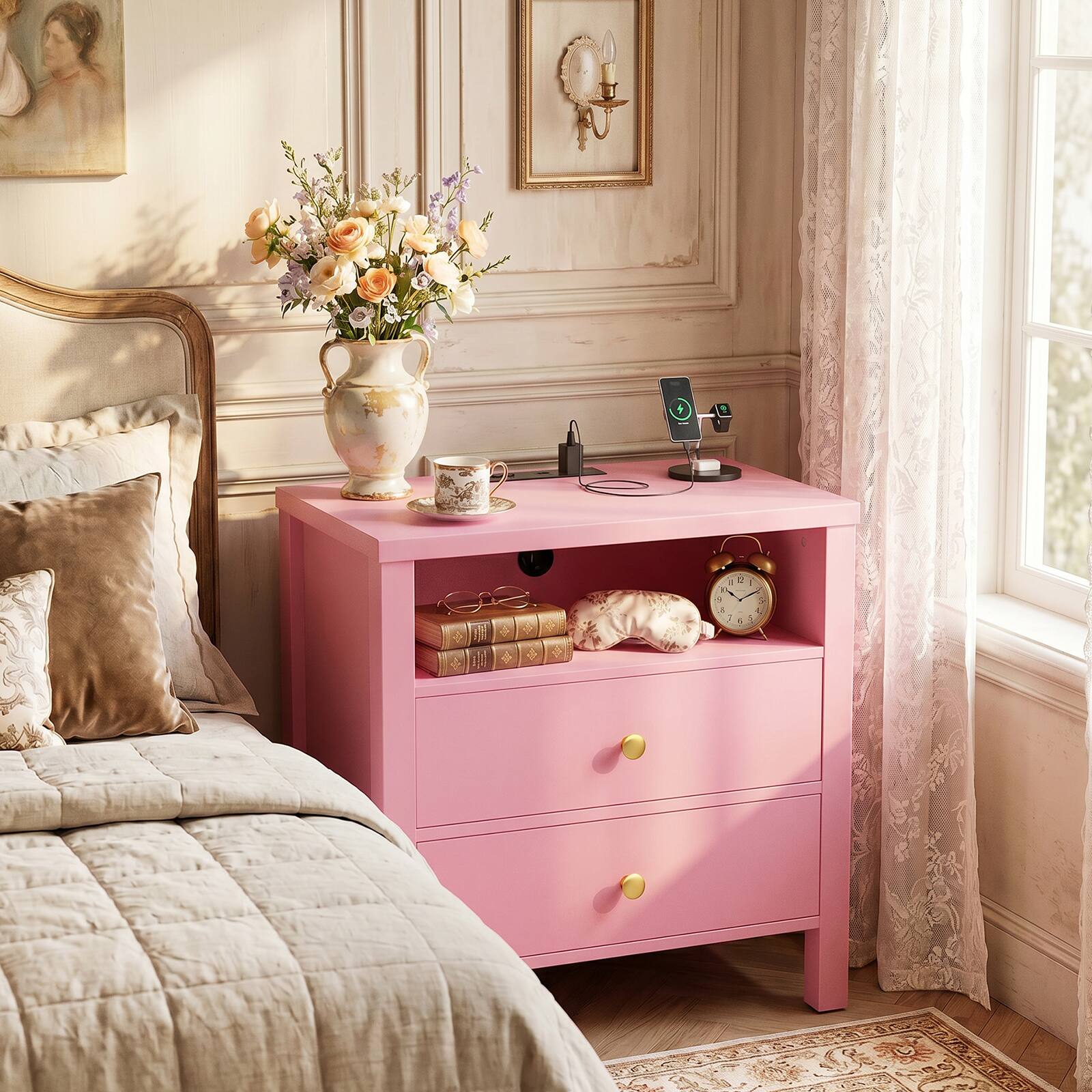 Angle. Aheaplus - Nightstands with Charging Station Set of 2, 23.6'' Wooden Bedside Table with 2 Drawers for Bedroom - Pink.