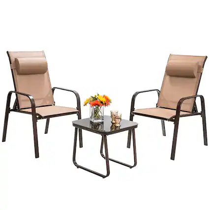 Front. Costway - Costway 3PCS Patio Bistro Furniture Set Adjustable Back Stackable Chairs - Brown.