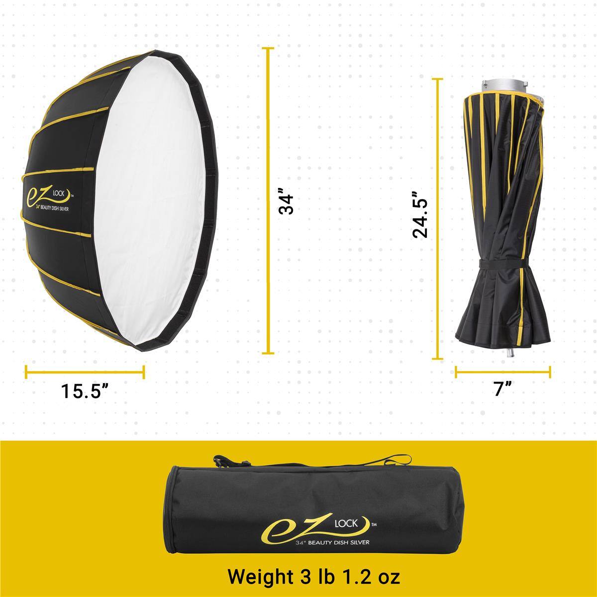 EZ LOCK 34" BEAUTY DISH SILVER  
Dimensions: 34" x 24.5" x 15.5" x 7"  
Weight: 3 lb 1.2 oz