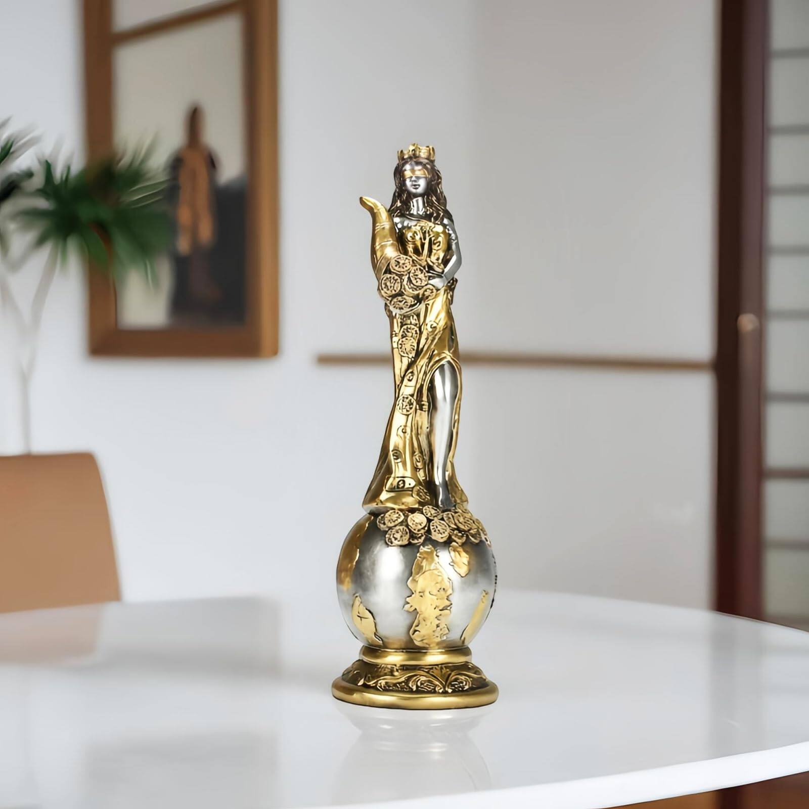 Alt View 3. Refined Abode Design - 9. Fortuna Greek Goddess Of Fortune Statue Mother Freya On Globe Sculpture Home Decor Ancient Rosmerta - Silver and Gold.