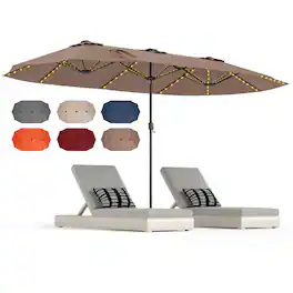Gymax - 15.5 FT Double-sided Patio Umbrella w/ Solar Lights Outdoor Twin Size Umbrella - Coffee