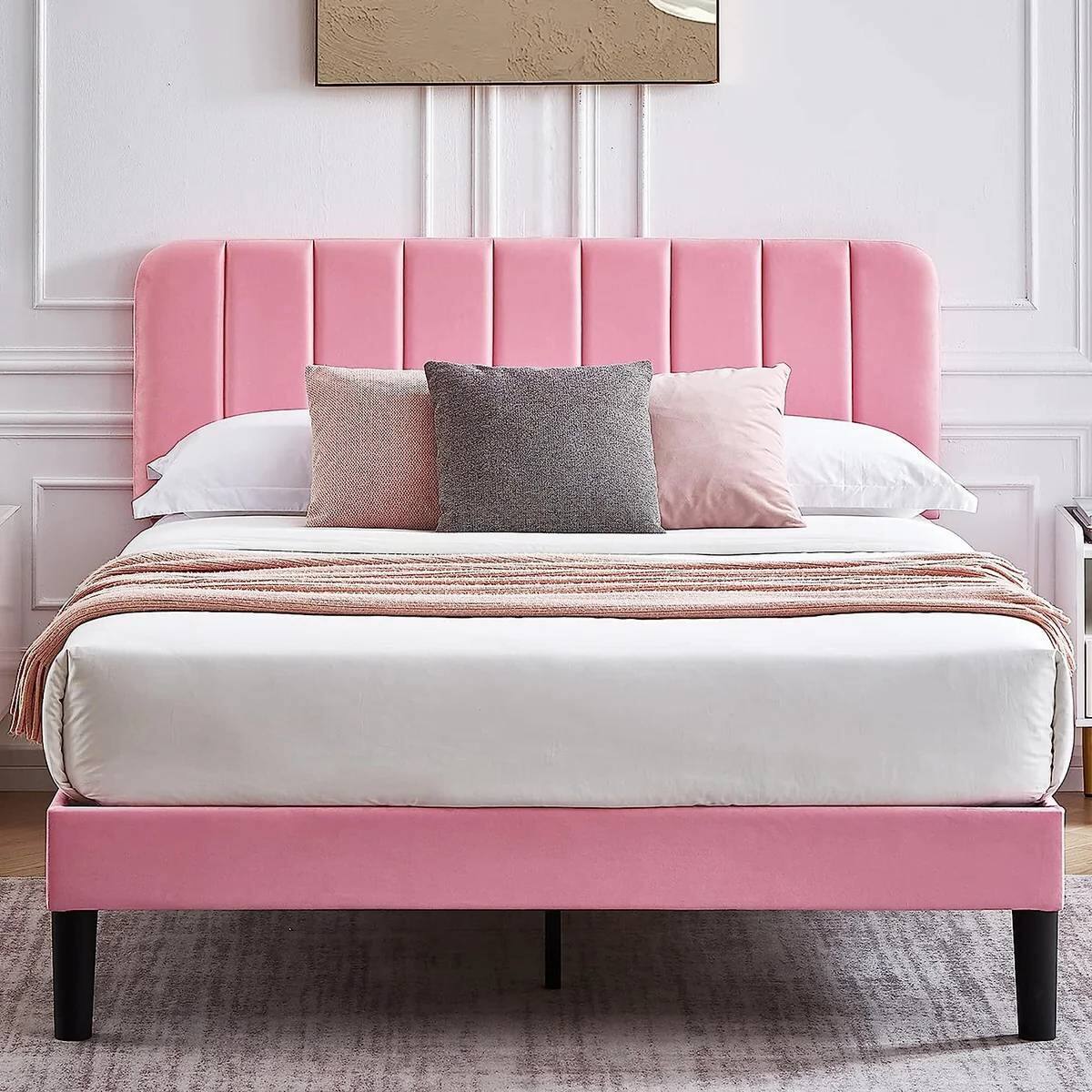 Angle. Hivvago - Hivvago Queen size Upholstered Platform Bed Frame with Headboard - Pink.
