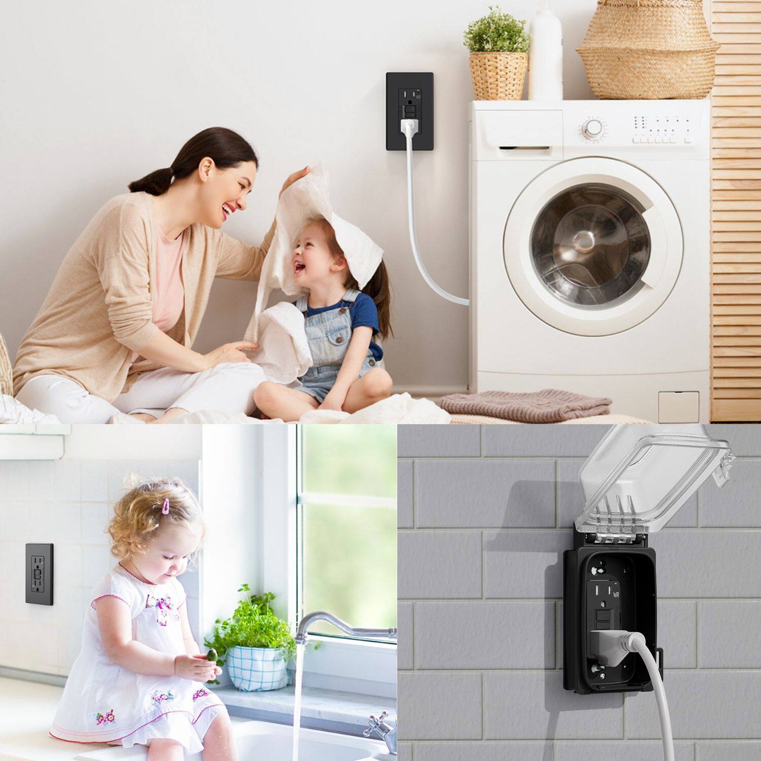 Alt View 5. ELEGRP - ELEGRP GFCI Outlet Self-Test, 15A 125V Weather Resistant Duplex wall outlet, w/Wall Plate, UL Listed, Matte Black 3PC - Black.