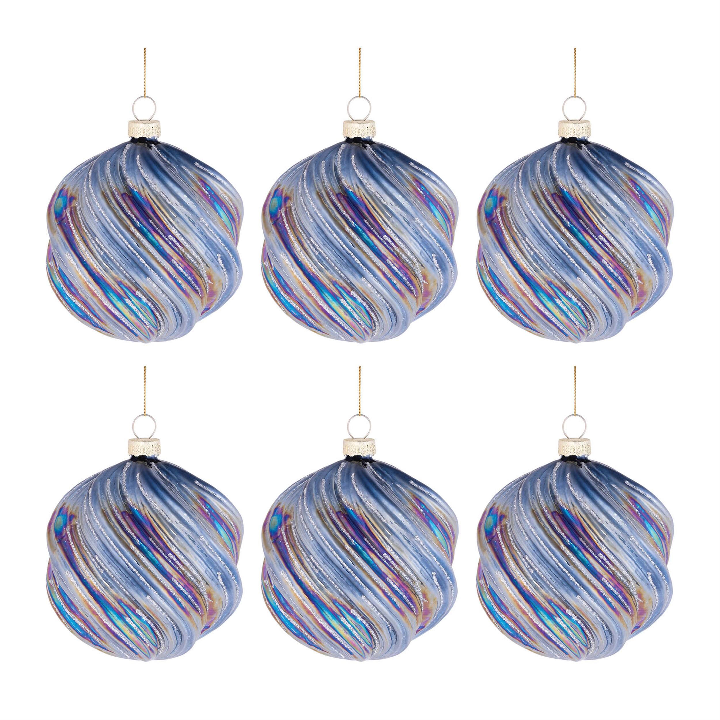 Left. BreeBe - Iridescent Swirled Glass Ornament (Set of 6) - Blue, Purple, Silver.
