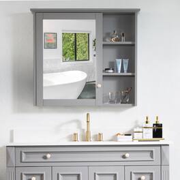 WELLFOR - 34 in. W x 30 in. H Rectangular Solid Wood Frame Surface Mount Medicine Cabinet with Mirror and Soft Close Door - Gray