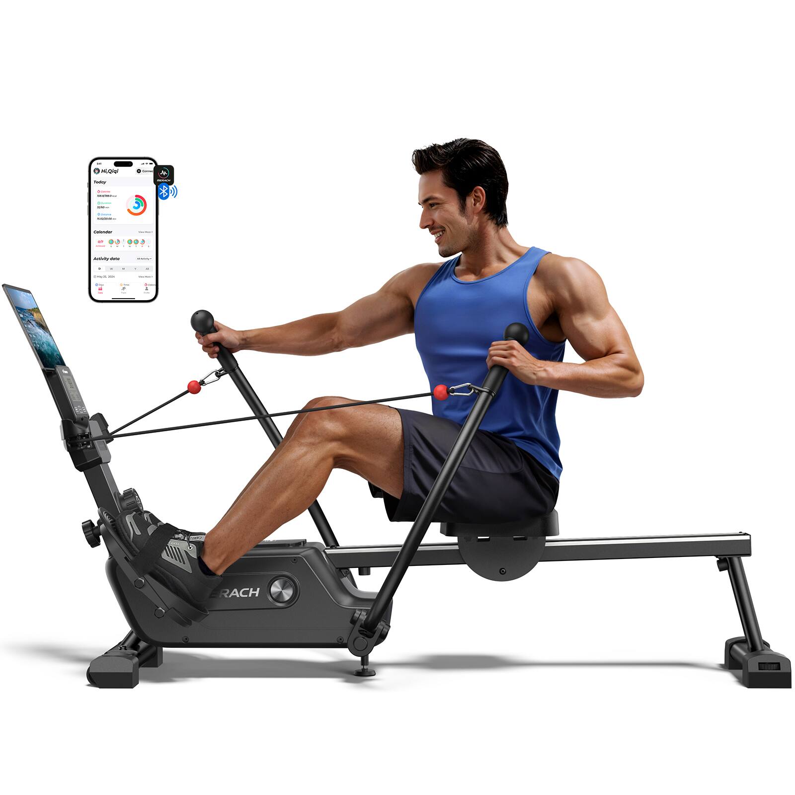 Sure, here is the corrected text:
**HI GHI!**
- Today
- Monday
- Calendar
- Activity data
- 1000 kcal
- 100 min
- 100 km
**RACH**