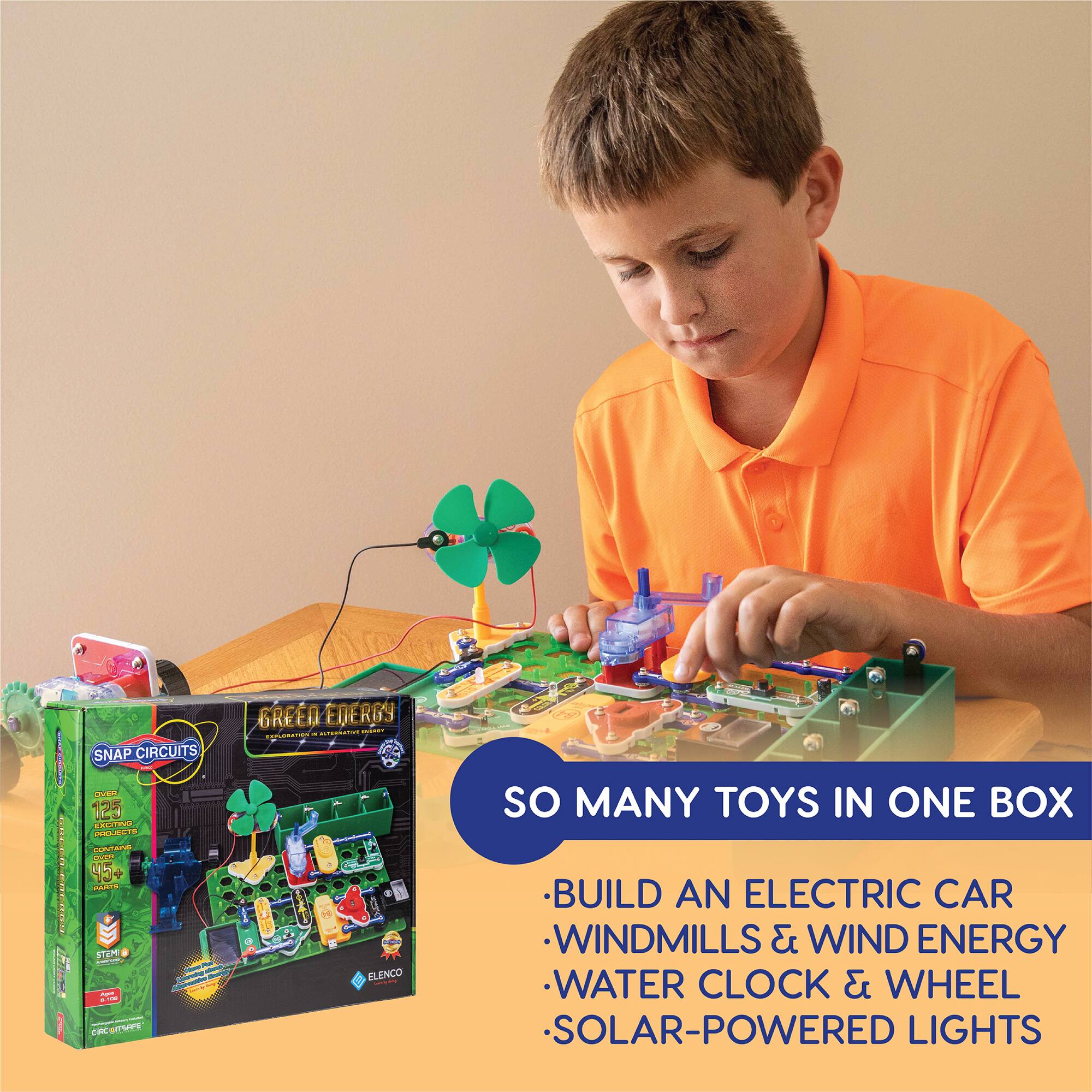 Snap Circuits offers 125 projects that teach STEM concepts. Build an electric car, windmills, and wind energy, water clocks, and wheel solar-powered lights.