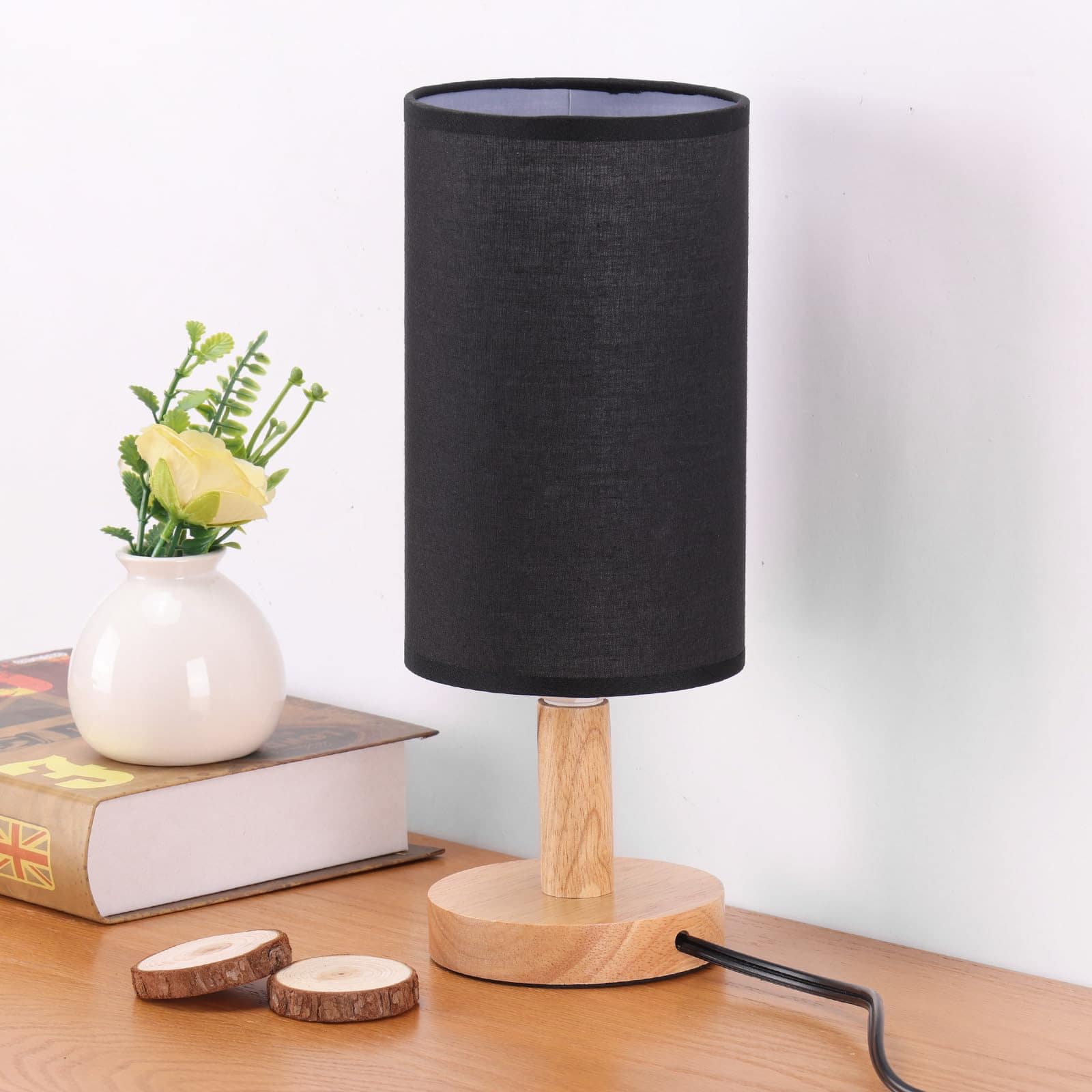 Cedar Assembly - Small Bedside Table Lamp With Ac Outlet Round Wood Base&fabric Linen Shade Cozy Night Light For Study Reading - Black Round 1 set