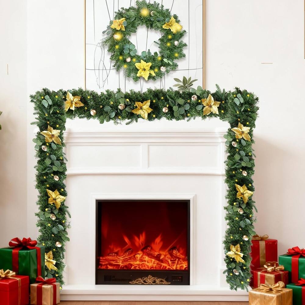 Alt View 1. Schertz - 6ft Lighted Christmas Garland w/ Gold Ornaments & Flowers - Gold.