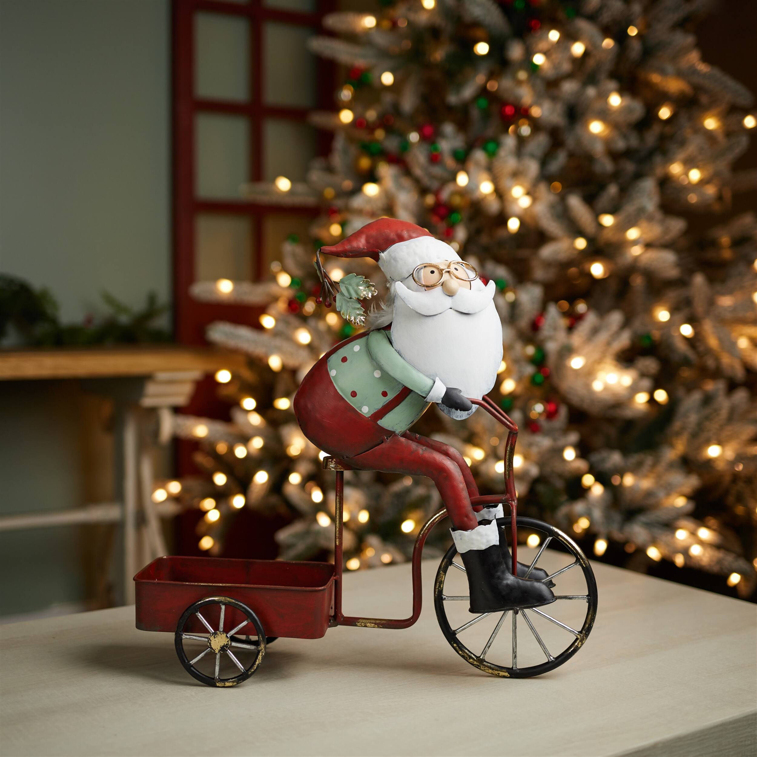 Left. BreeBe - Whimsical Santa Riding Bike - Red, White, Green.