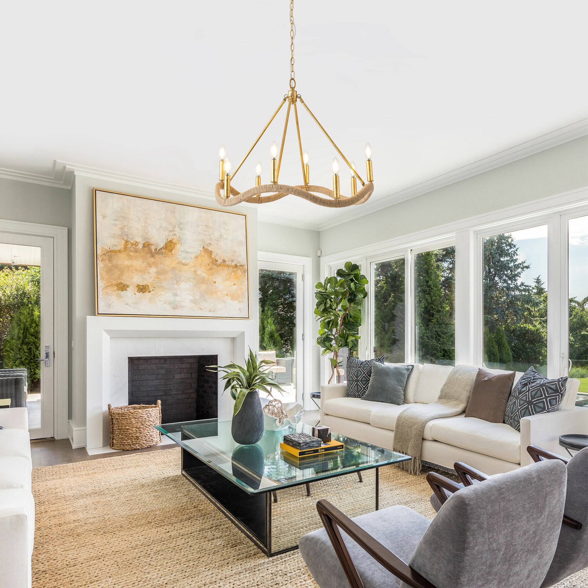 Left. Parrot Uncle - 27.6 in. 8-Light Modern Farmhouse Gold Natural Jute Large Candle Chandelier - Gold.