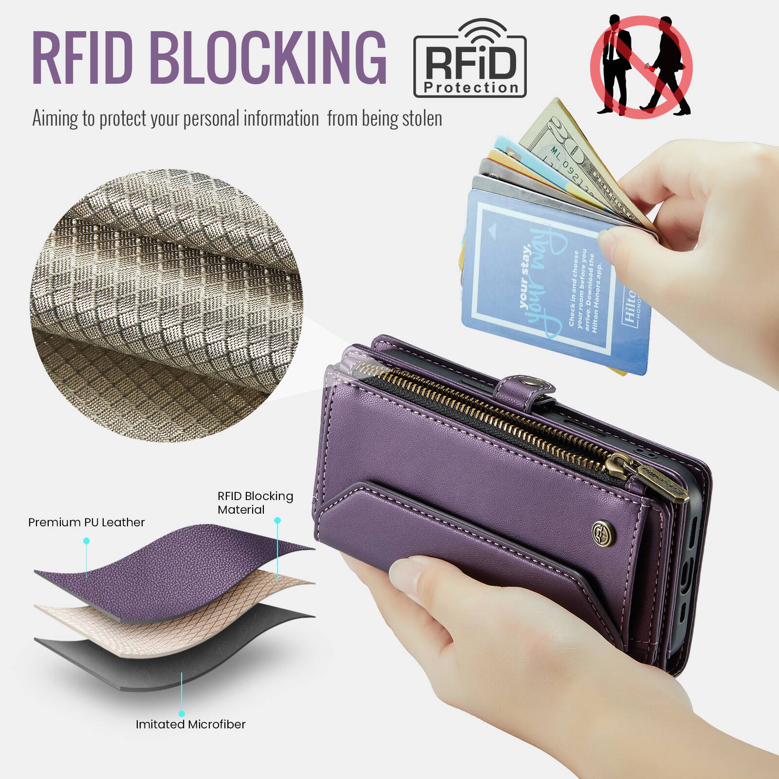 RFID BLOCKING  
Aiming to protect your personal information from being stolen  

RFiD Protection  

Premium PU Leather RFID Blocking Material Imitated Microfiber