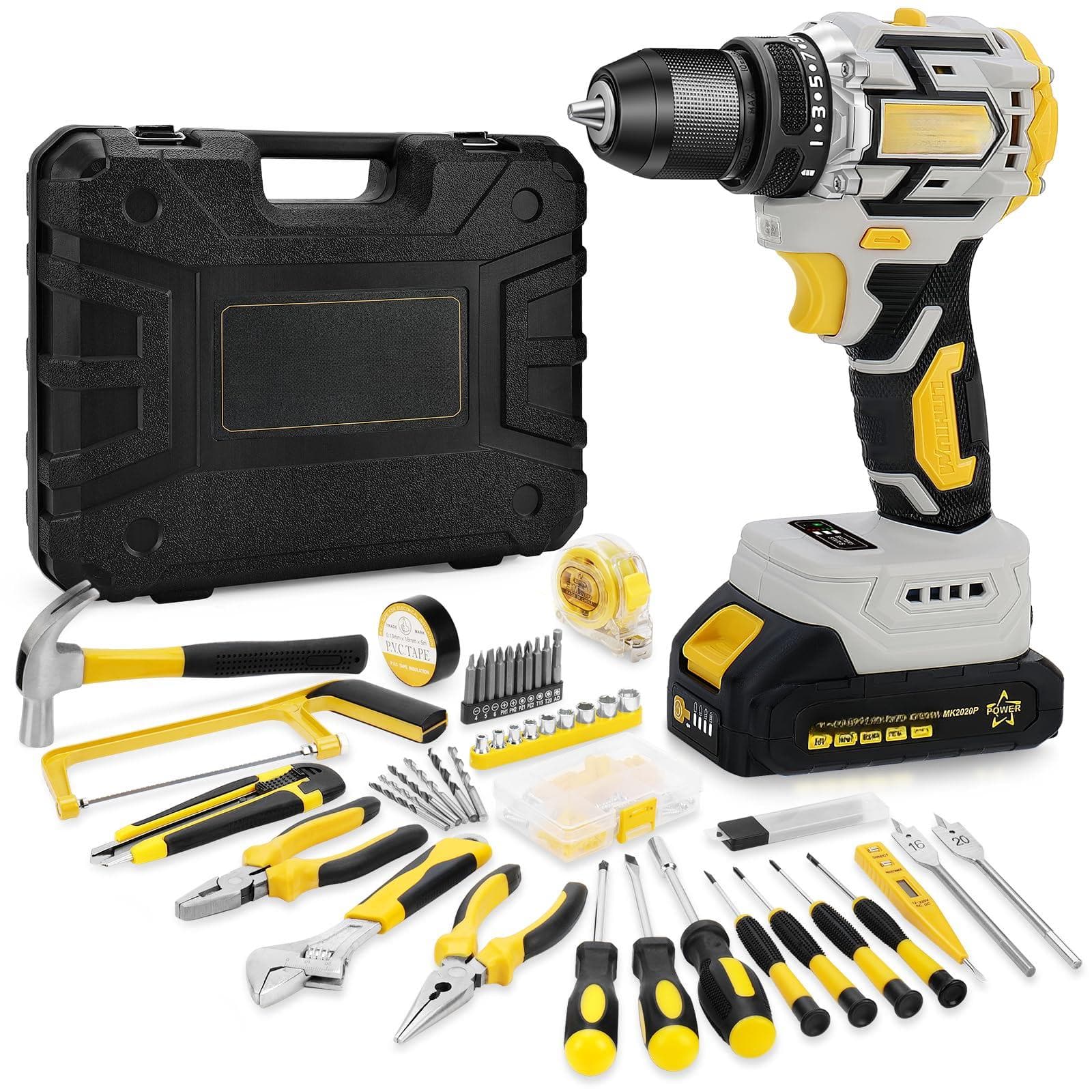 JETRANSPORT - 119 Cordless Drill Tool Kit Set 20v Brushless Power With 2.0ah 10mm 3 8 Keyless Chuck 60n.m 21 1 Torque - Yellow