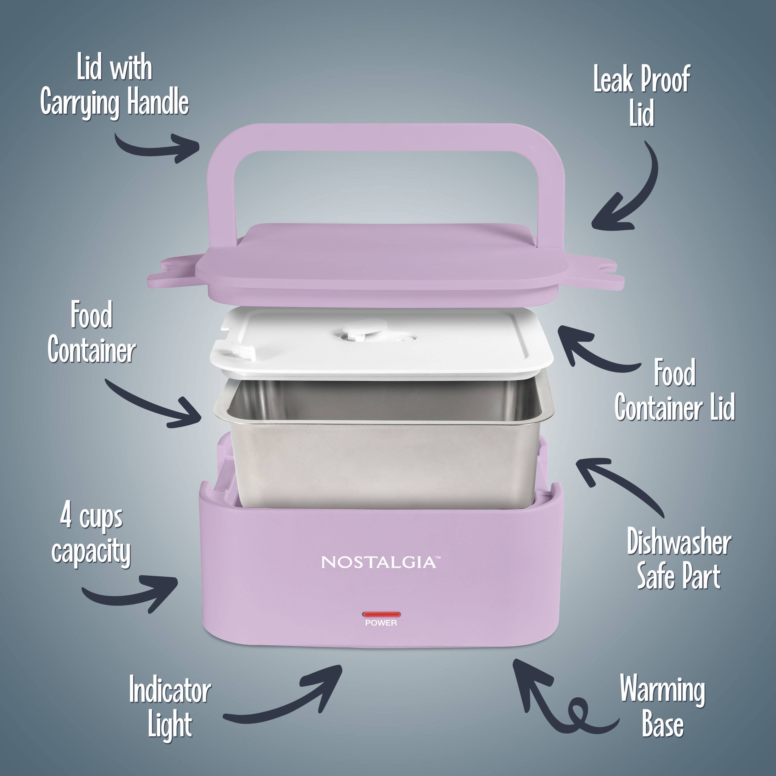 Lid with Carrying Handle  
Leak Proof Lid  
Food Container  
Food Container Lid  
4 cups capacity  
Dishwasher Safe Part  
Indicator Light  
Warming Base