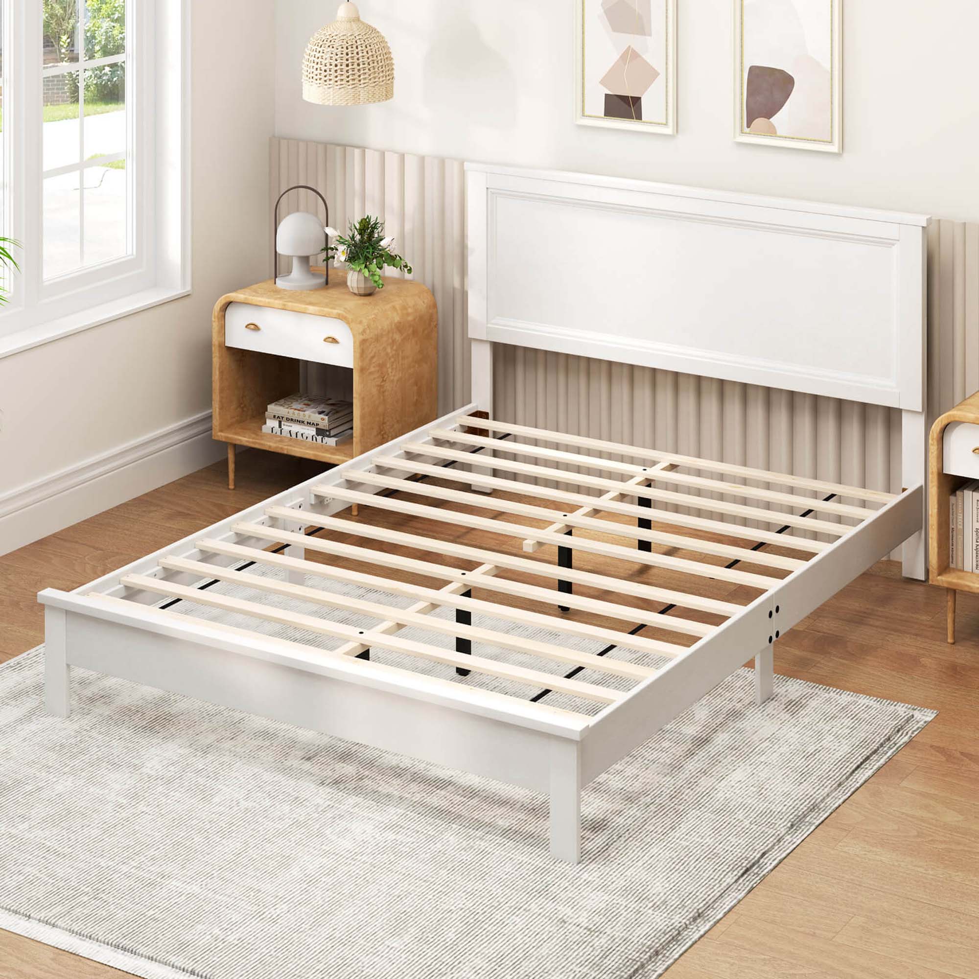Alt View 4. Costway - Queen Size Bed Frame Platform Slat High Headboard Bedroom Rubber Wood Leg - White.