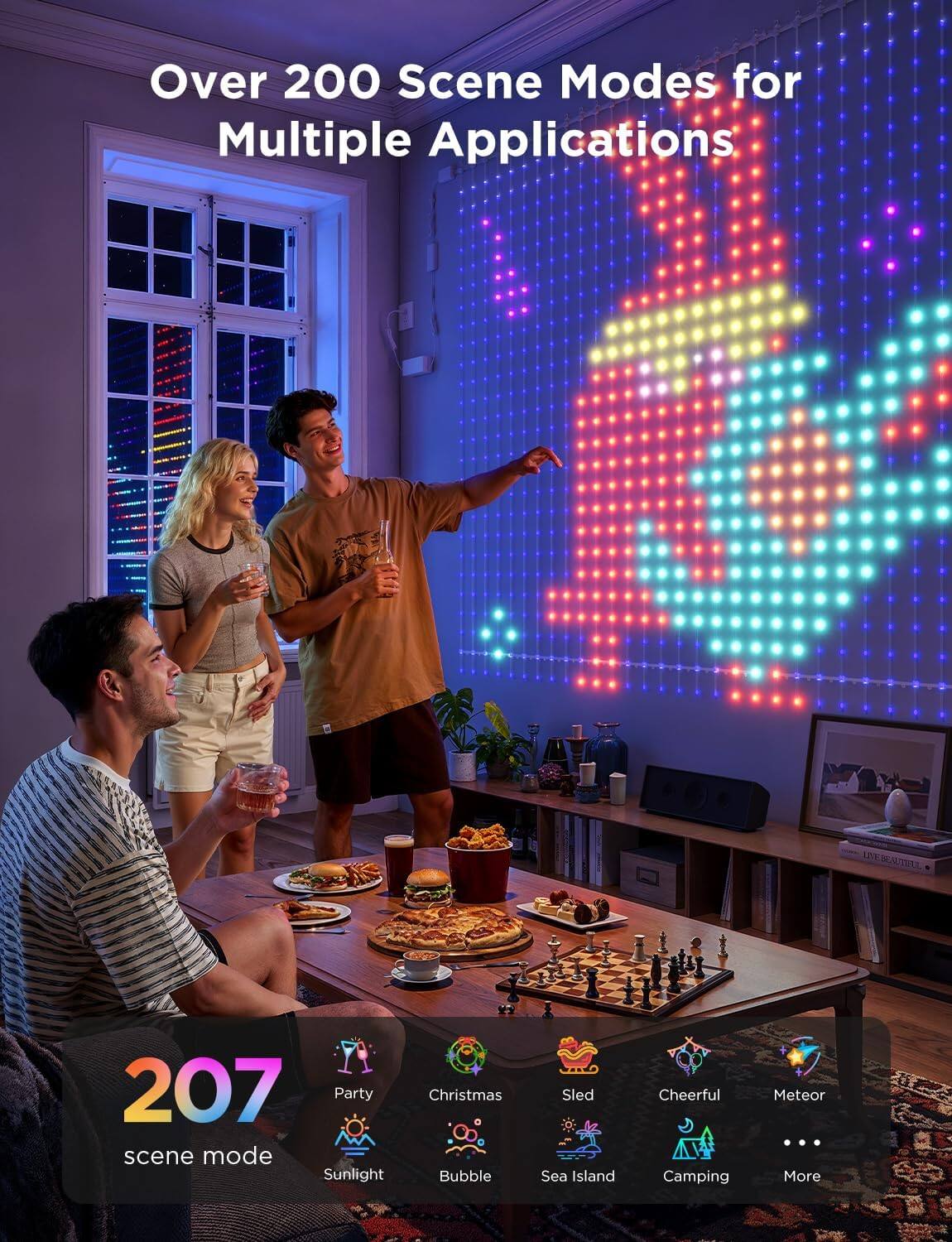 Over 200 Scene Modes for Multiple Applications

207 scene mode

- Party
- Christmas
- Sled
- Cheerful
- Meteor
- Sunlight
- Bubble
- Sea Island
- Camping
- More