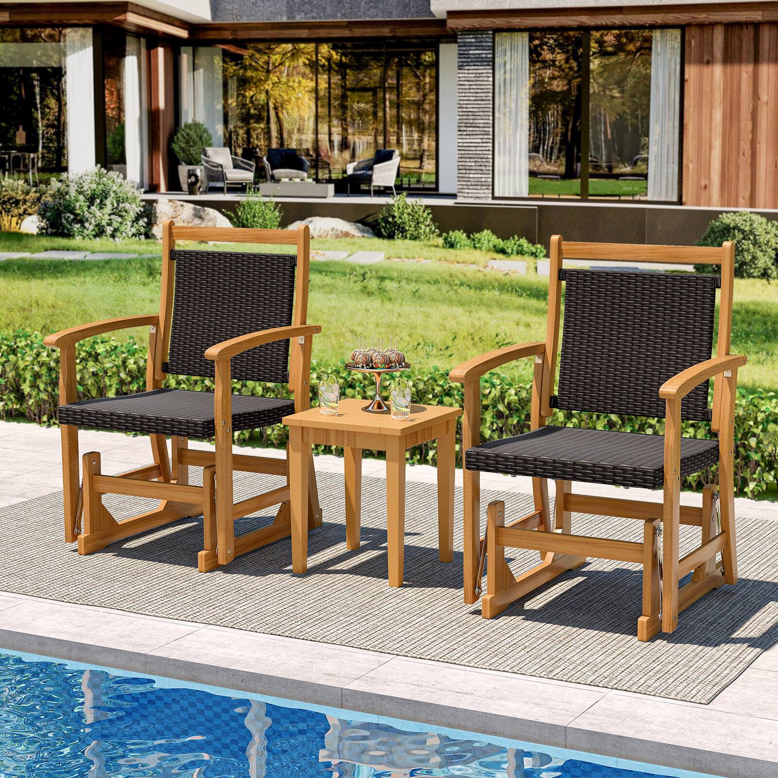 Alt View 3. Gymax - Gymax 2PCS Patio Rattan Glider Chair w/ Acacia Wood Frame & Wicker Seat Back Armrests - Mix Brown.