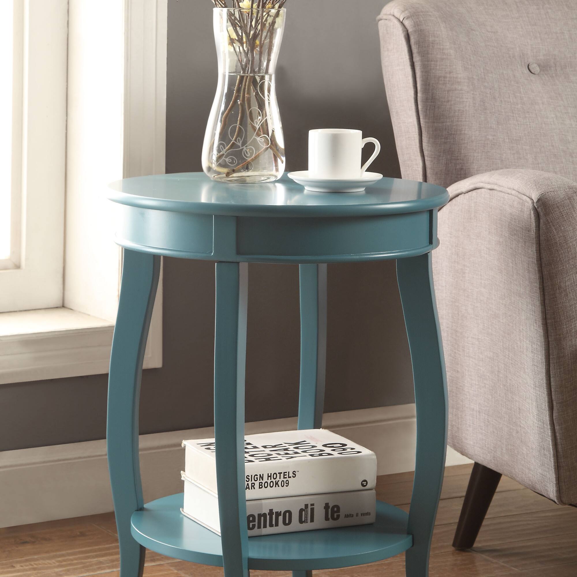 GOODSILO - Elegant Finish Round Accent Table with Cabriole Legs and Bottom Storage Shelf for Living Room Decor - Teal