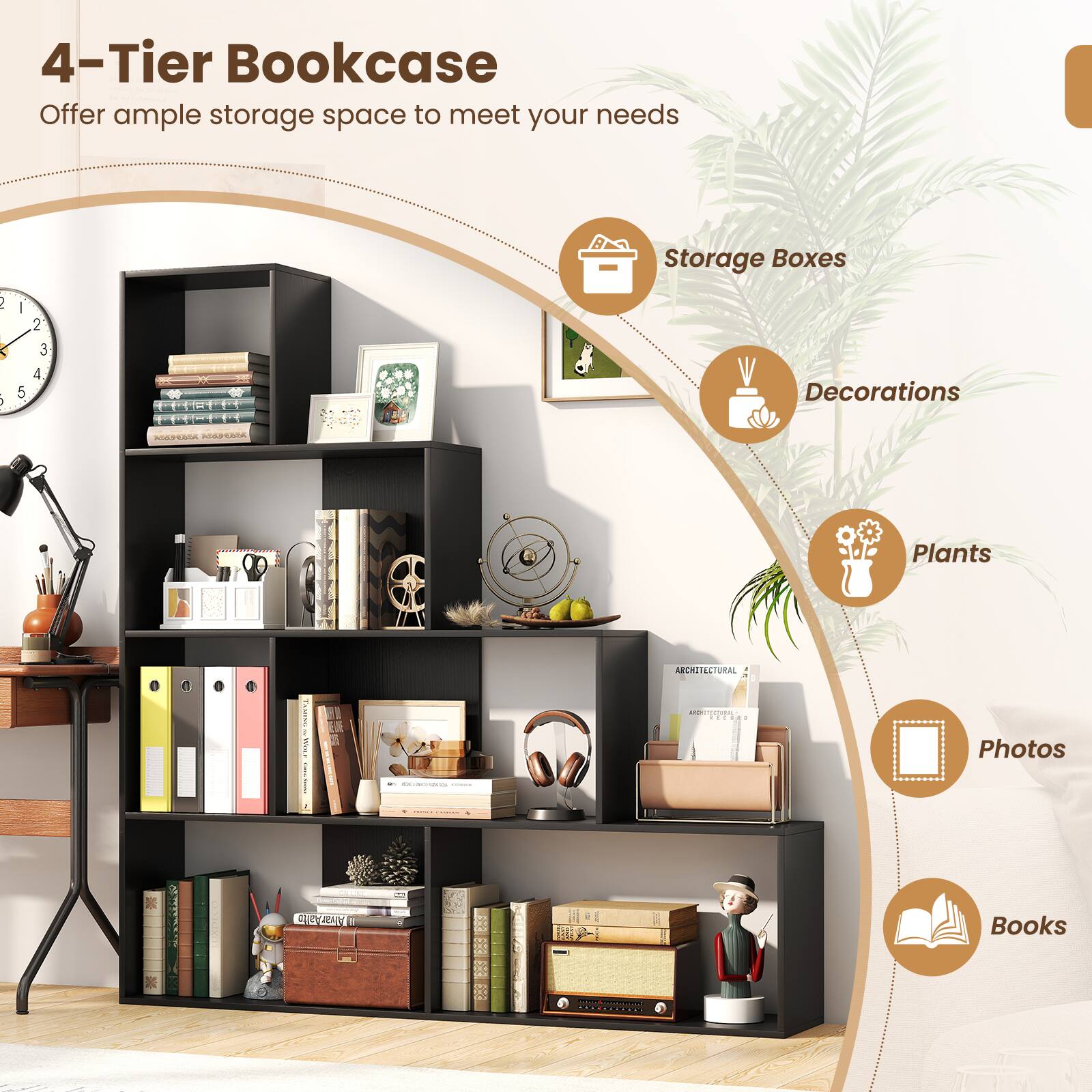 4-Tier Bookcase
Offer ample storage space to meet your needs

Storage Boxes
Decorations
Plants
Photos
Books
