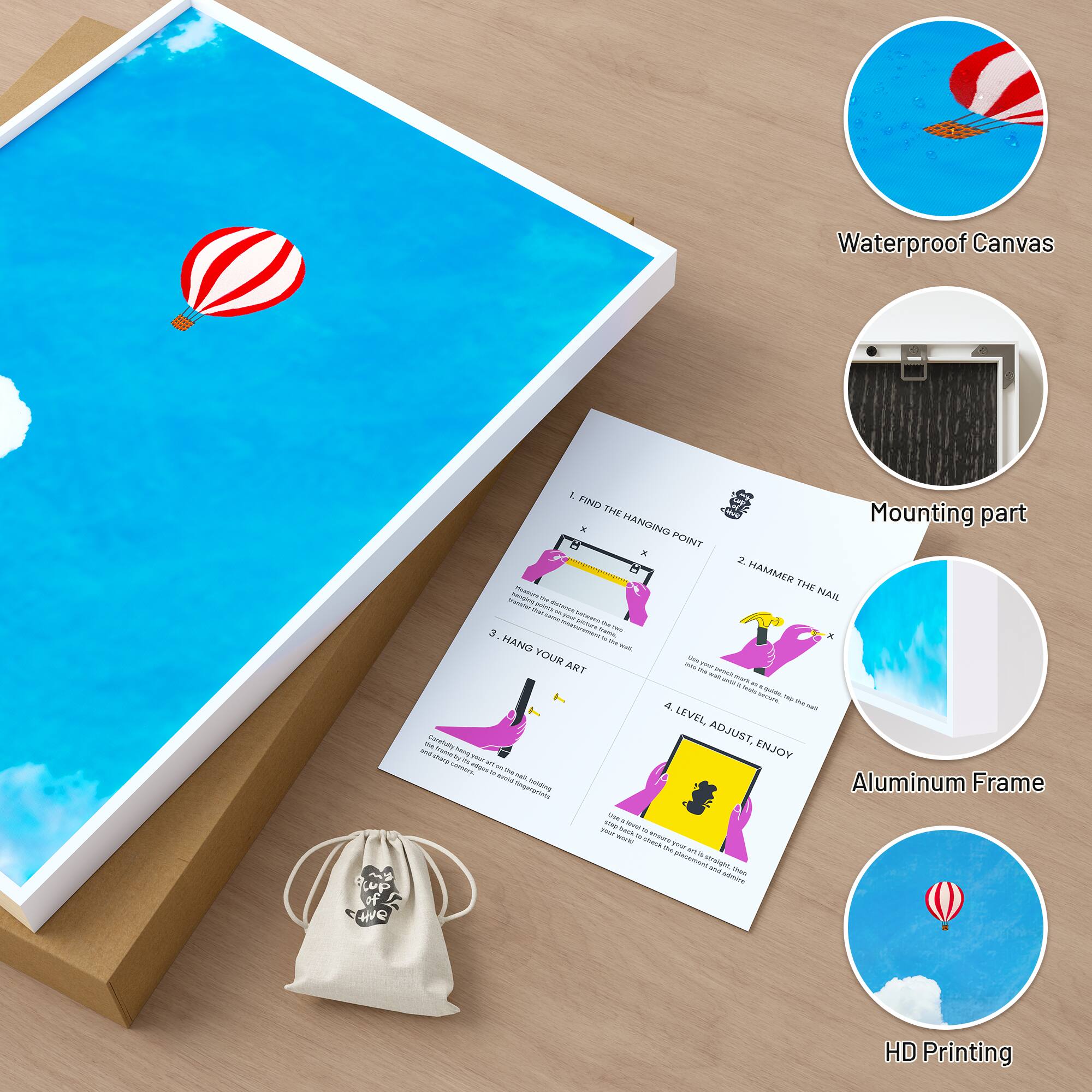 Waterproof Canvas  
1. FIND THE HANGING POINT  
2. HAMMER THE NAIL  
3. HANG YOUR ART  
4. LEVEL ADJUST, ENJOY  

Mounting part  
Aluminum Frame  
HD Printing