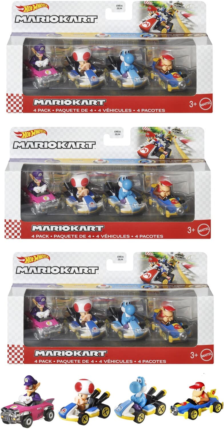 Mattel - Hot Wheels Mario Kart 4-Pack 3-Piece U Assortment (Nintendo) - COLLECTIBLES - Multicolor
