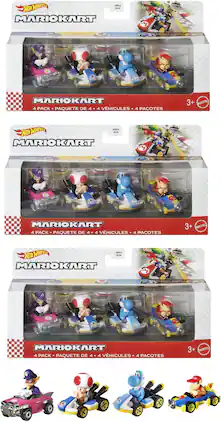 Mattel - Hot Wheels Mario Kart 4-Pack 3-Piece U Assortment (Nintendo) - COLLECTIBLES - Multicolor
