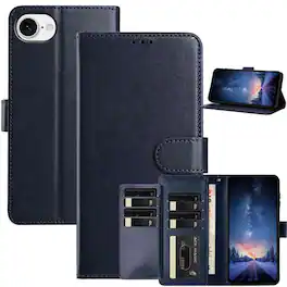 Dteck - Wallet Folio Case for Apple iPhone 16e/17e, Shockproof Magnetic PU Leather Flip Card Slots Stand Case - Darkblue