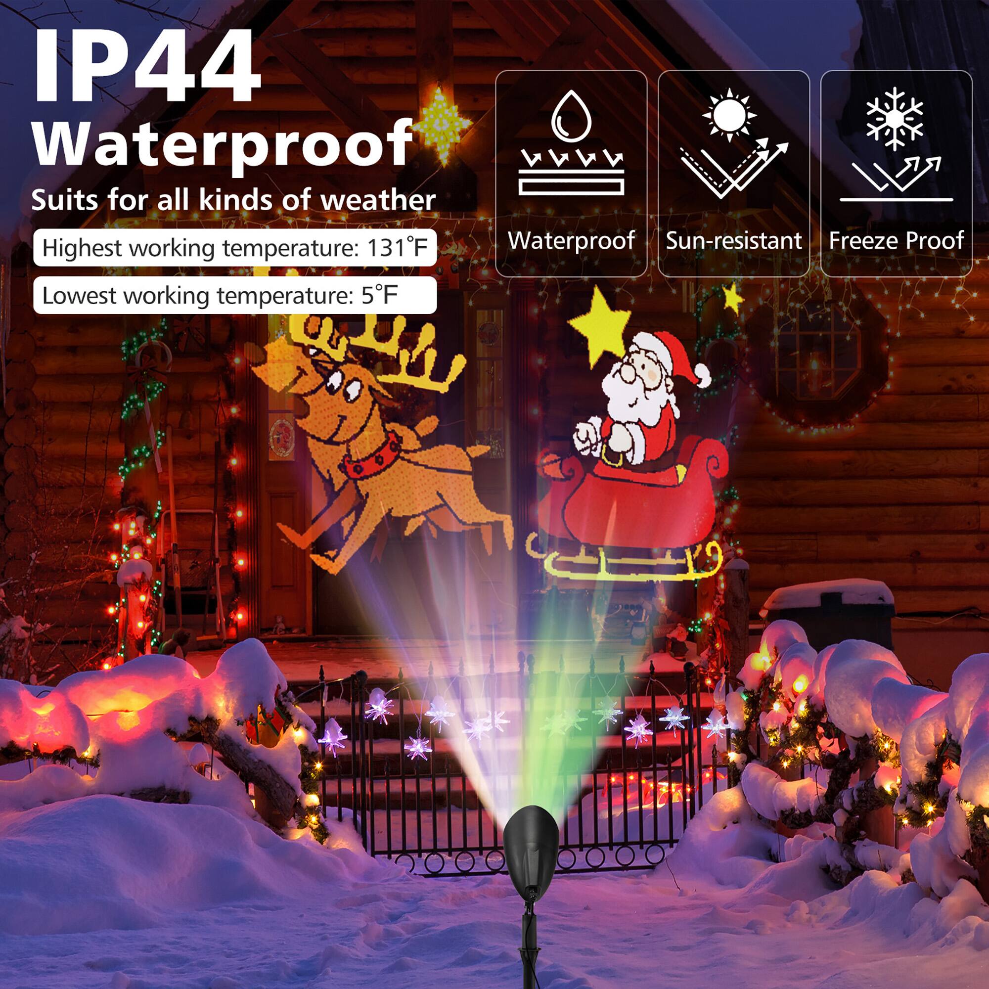 IP44 Waterproof  
Suits for all kinds of weather  

Highest working temperature: 131°F  
Lowest working temperature: 5°F  

Waterproof  
Sun-resistant  
Freeze Proof