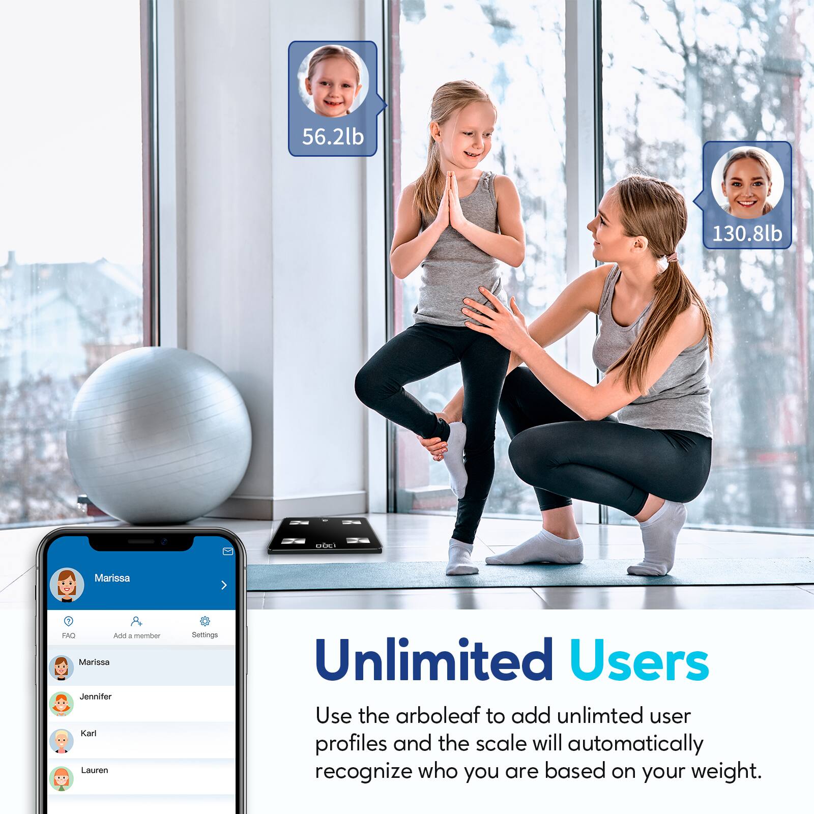 The text on the image is grouped as follows:

1. 56.2lb 130.8lb OC Marissa AO Add a member Marissa Jennifer Karl Lauren Sellings Unlimited Users Use the arboleaf to add unlimited user profiles and the scale will automatically recognize who you are based on your weight.