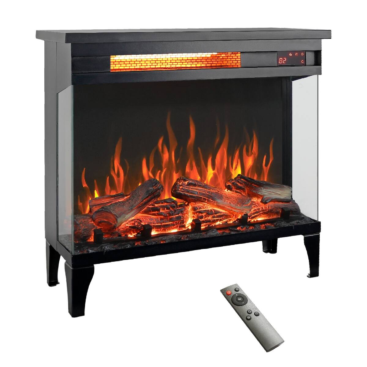 Front. Loheer - Loheer 24 inch electric fireplace Three Sided Glass Freestanding Heater Antique Black - Antique Black.