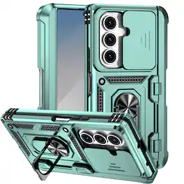 Dteck - For Samsung Galaxy Z Fold 7 Heavy Duty Rugged Case Sliding Lens Cover Ring Kickstand Hinge Protection Cover Pen Hoder - Darkgreen