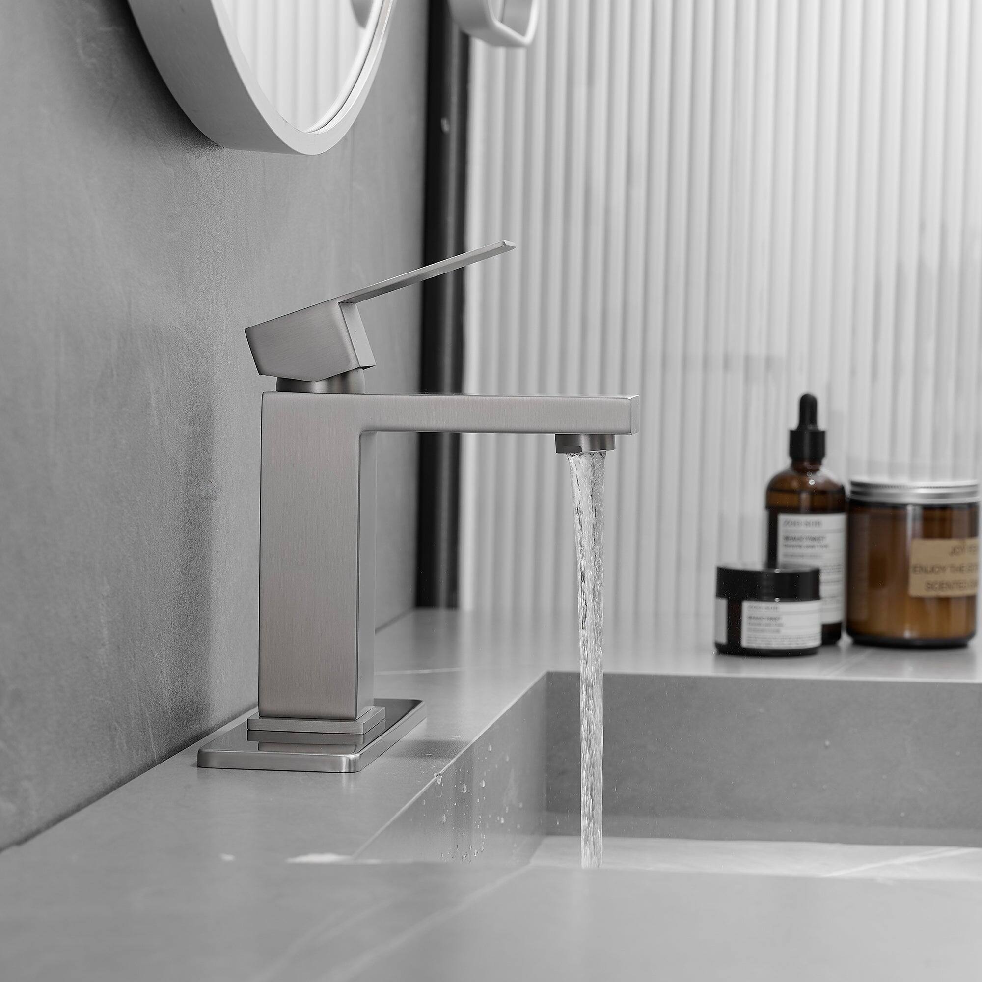 Angle. Boyel Living - Single Handle Single Hole Bathroom Faucet Brushed Nickel with Deck Plate Pop Up Drain and Water Supply Hoses - Brushed Nickel.