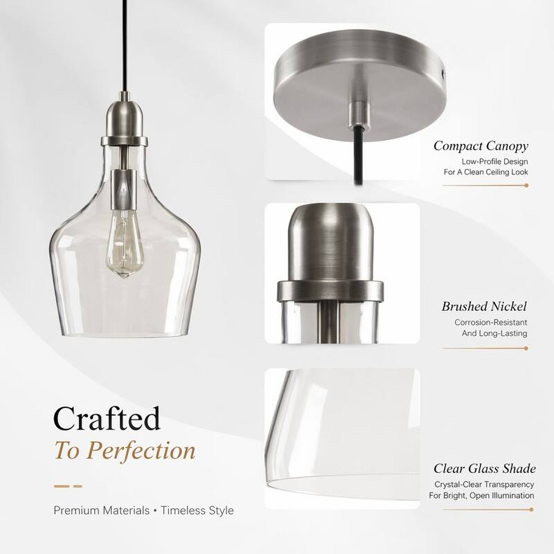 Compact Canopy Low-Profile Design For A Clean Ceiling Look

Brushed Nickel Corrosion-Resistant And Long-Lasting

Crafted To Perfection Premium Materials Timeless Style

Clear Glass Shade Crystal-Clear Transparency For Bright, Open Illumination