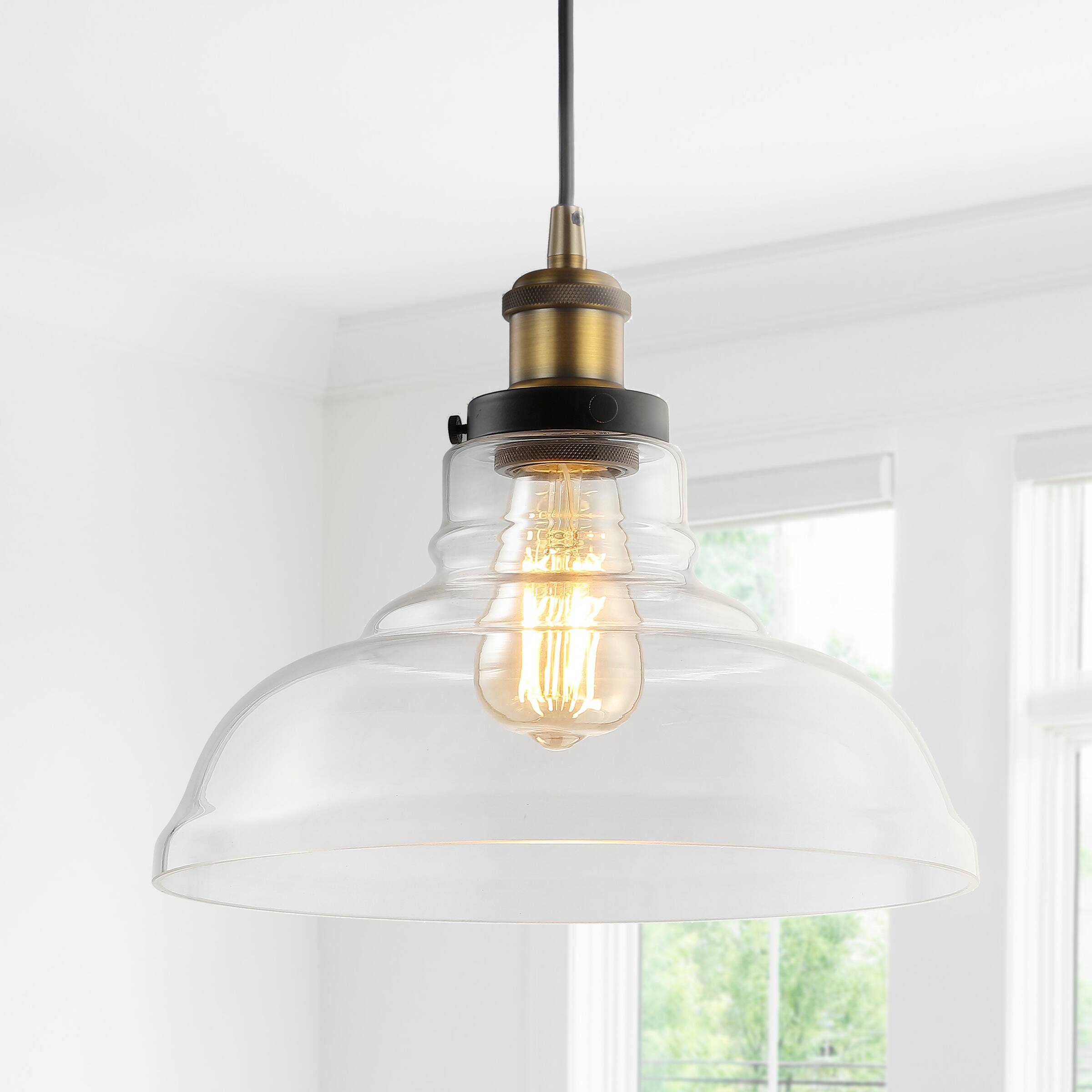 Alt View 1. Jonathan Y - Litchfield 11" Farmhouse Metal/Glass LED Pendant, Brass Gold - Brass Gold.