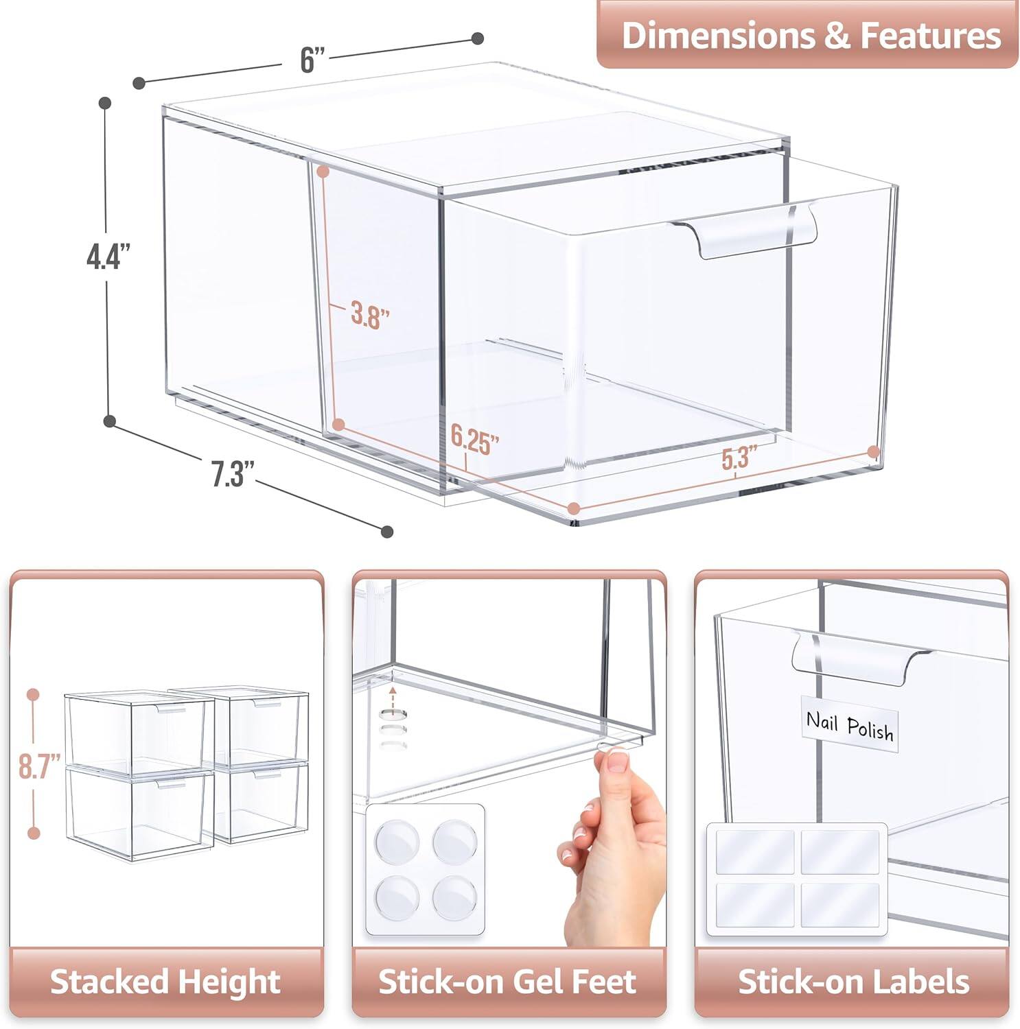 Dimensions & Features

- 6"
- 4.4"
- 7.3"
- 3.8"
- 6.25"
- 5.3"

Stacked Height: 8.7"

Stick-on Gel Feet

Stick-on Labels

Nail Polish