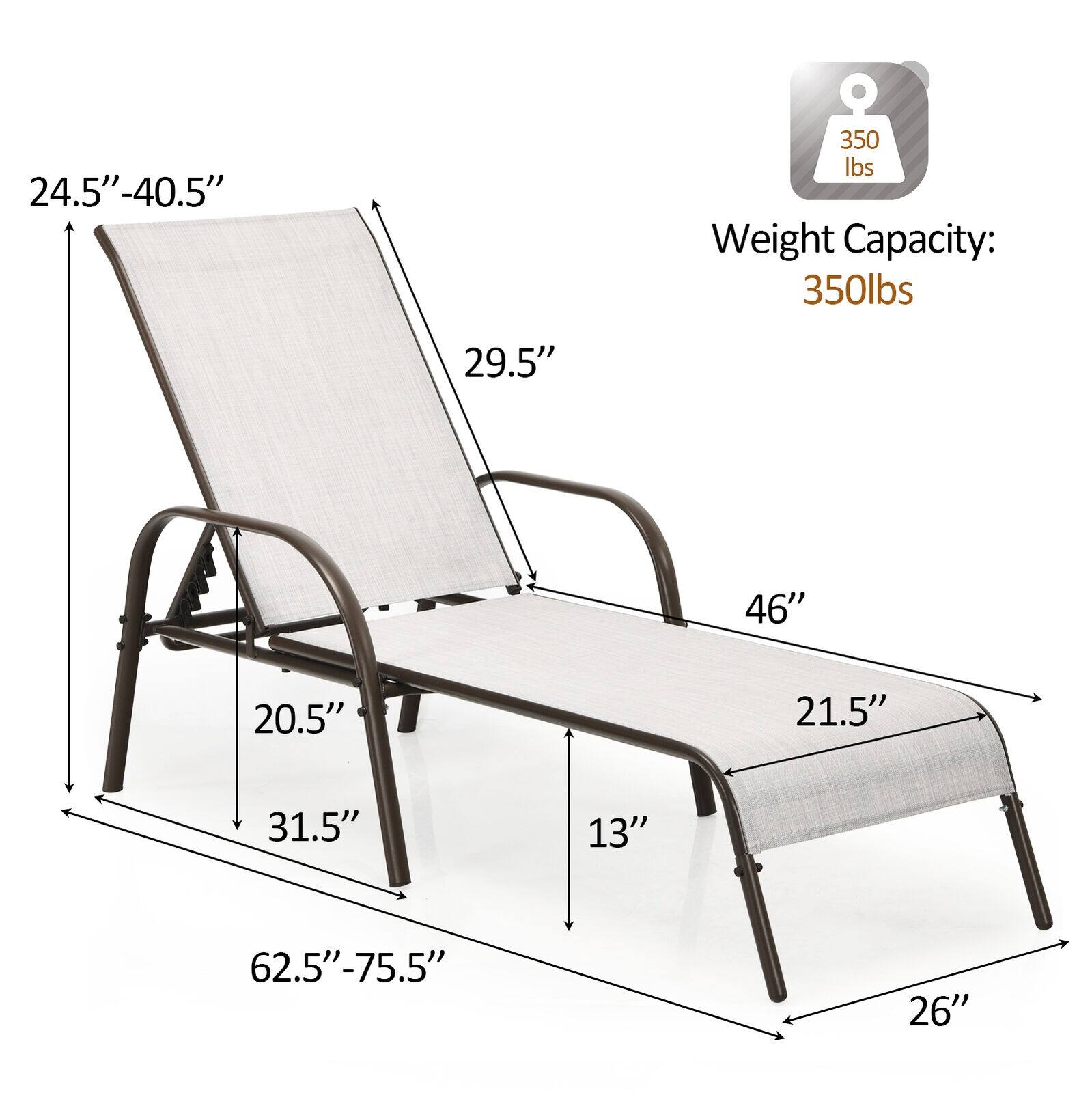 24.5"-40.5", 29.5", 46", 20.5", 21.5", 31.5", 13", 62.5"-75.5", 26" - Dimensions

350 lbs - Weight Capacity: 350lbs