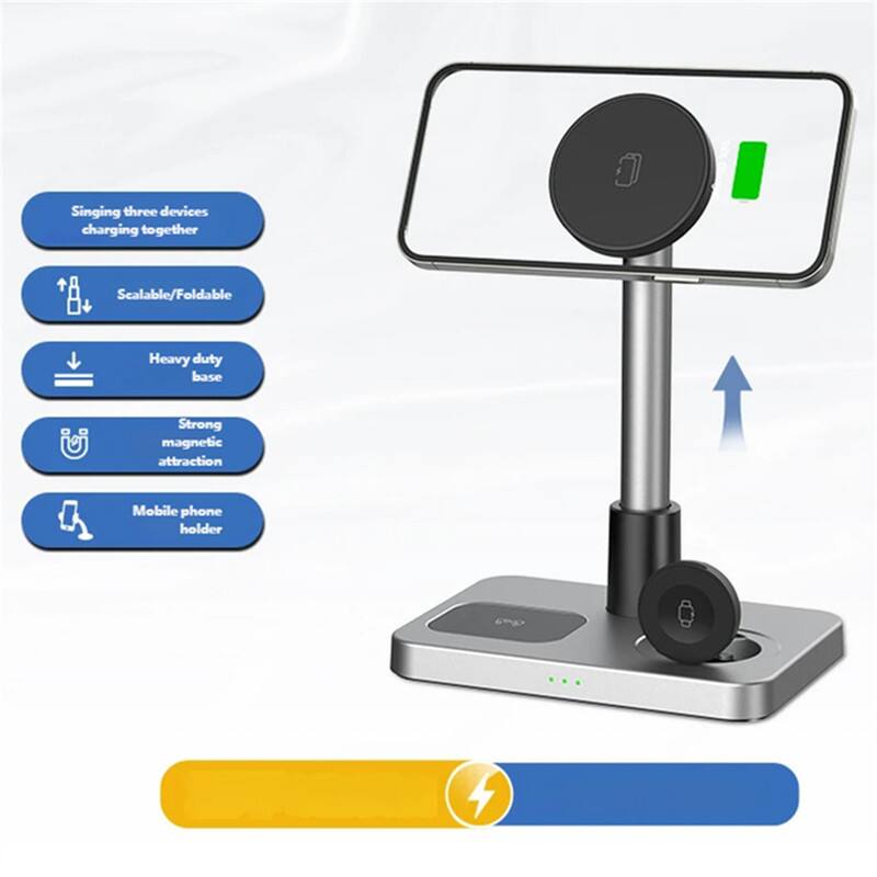 - Singing three devices charging together
- Scalable/Foldable
- Heavy duty base
- Strong magnetic attraction
- Mobile phone holder