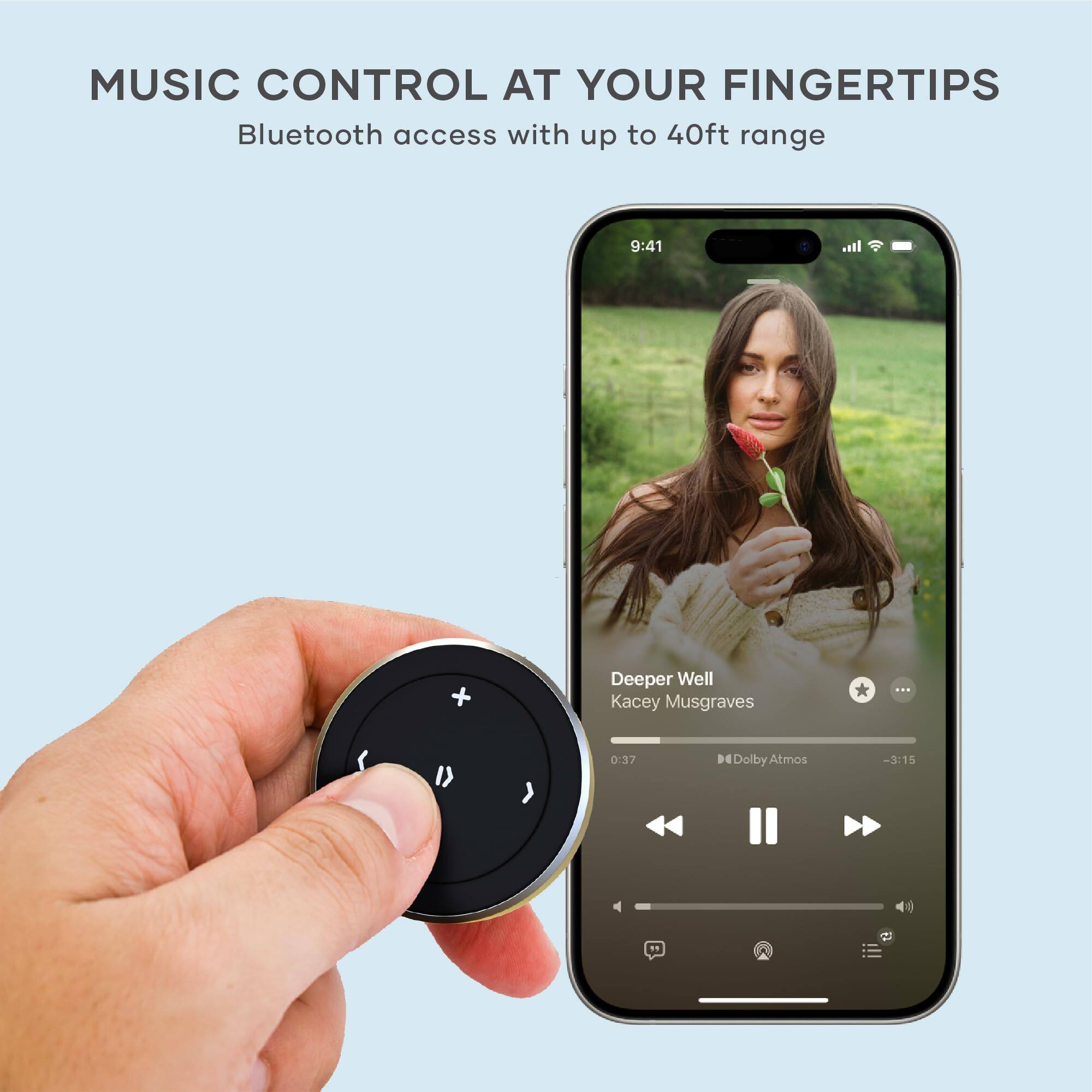 MUSIC CONTROL AT YOUR FINGERTIPS  
Bluetooth access with up to 40ft range  

9:41  
I. + Deeper Well Kacey Musgraves ...  
1) 0:37 H4 Dolby Atmos -3:15