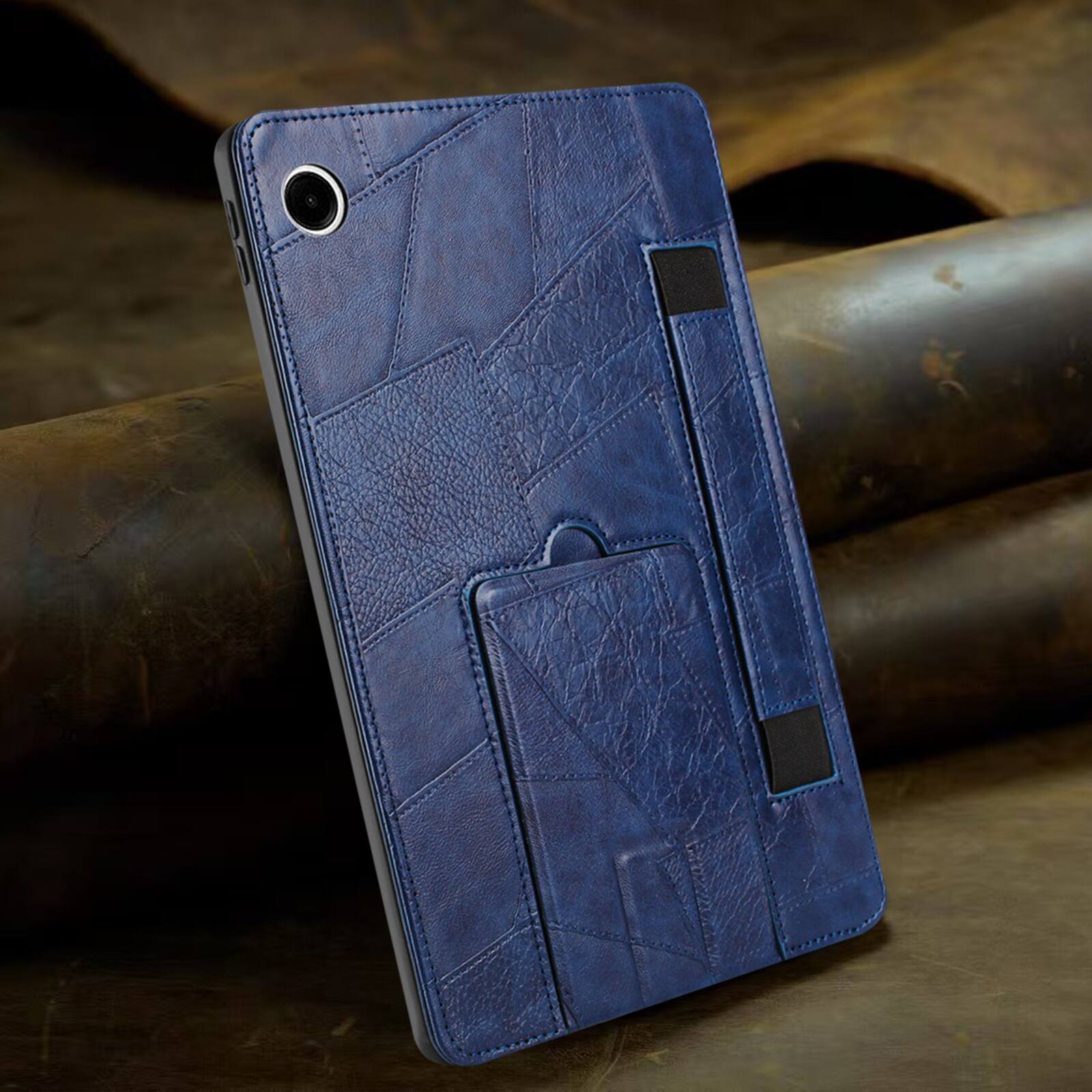 Left. Dteck - Leather Texture Case for Samsung Galaxy Tab A9, Shockproof Protective Cover with Multi-Angle Stand and Secure Hand Strap - Blue.