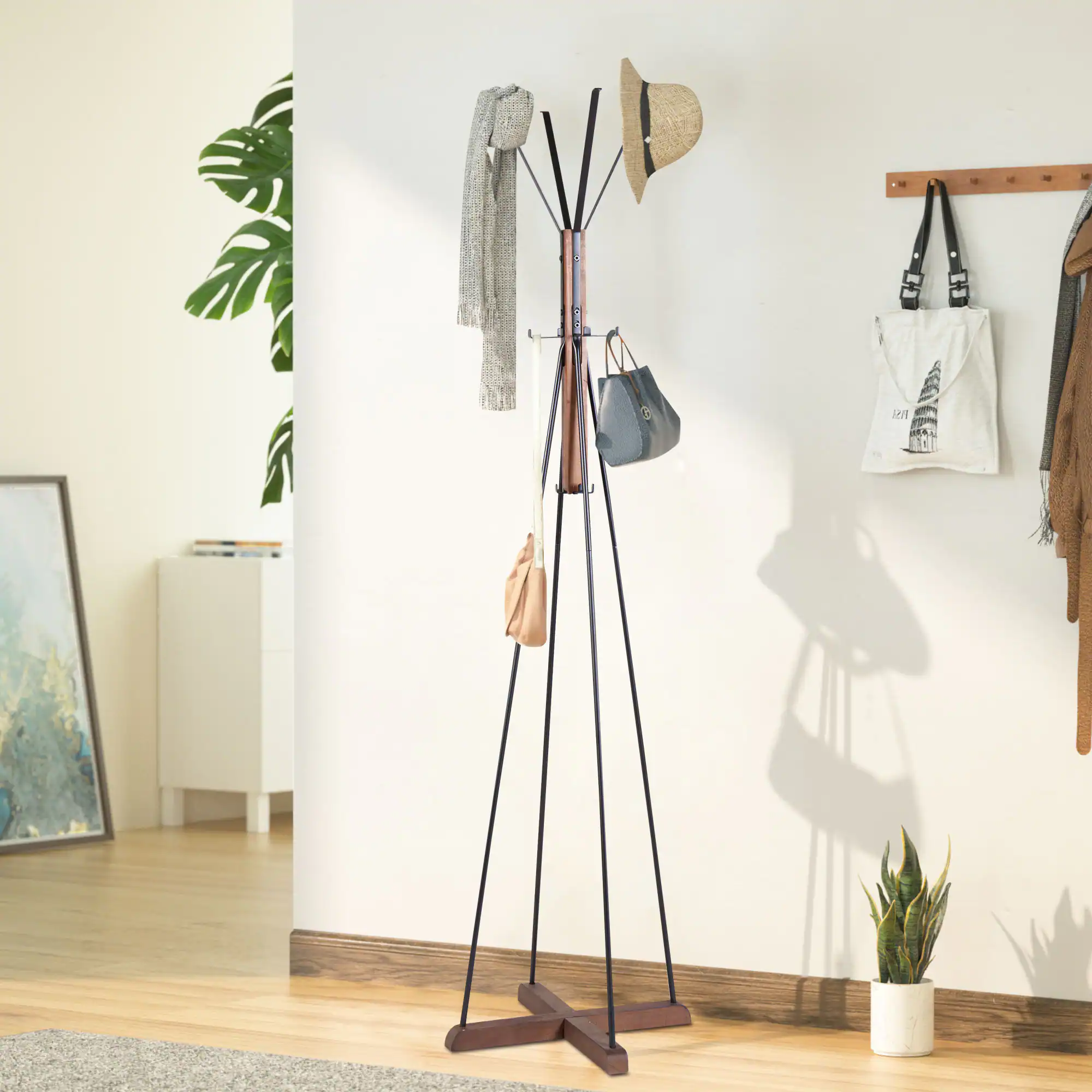 Front. GOODSILO - Freestanding Coat Rack with 8 Hooks, Reclaimed Wood and Metal Storage Solution for Bedroom and Living Room Organization - Natural.