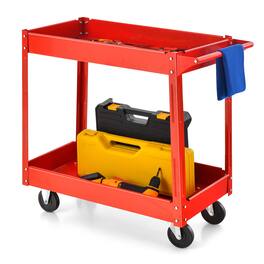 Costway - 2-Tier Utility Cart Metal Service Cart Rolling Tool Storage Organizer with Handle - Red