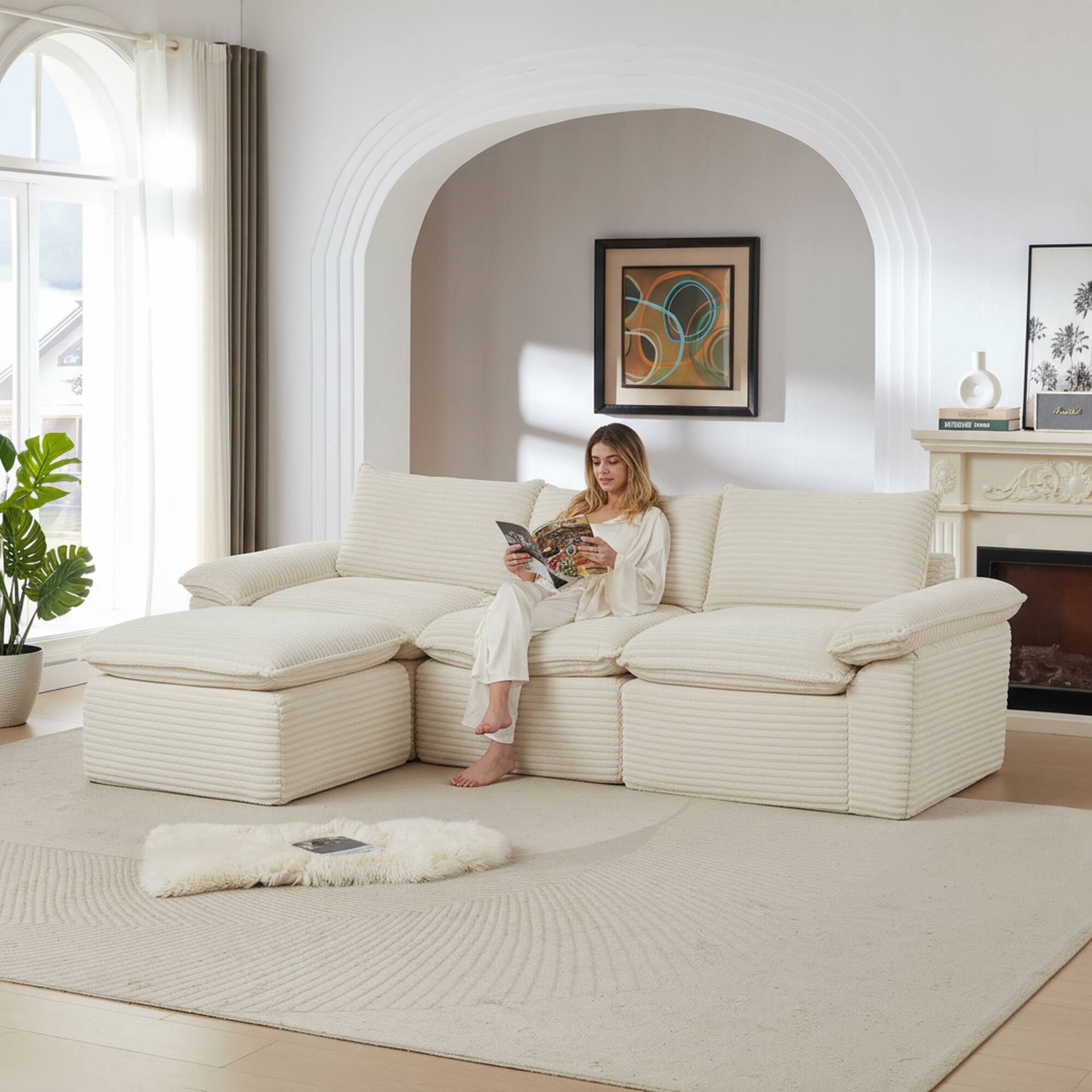 Angle. Loheer - Loheer Large Modular Sectional Sofa Modern Corduroy Cloud Sofa Freely Combined Couch for Living Room - White.