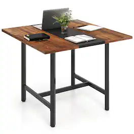 Costway - 1 PCS 39.5" Square Conference Table with Thickened Tabletop & Heavy-duty Metal Frame - Rustic Brown + Black