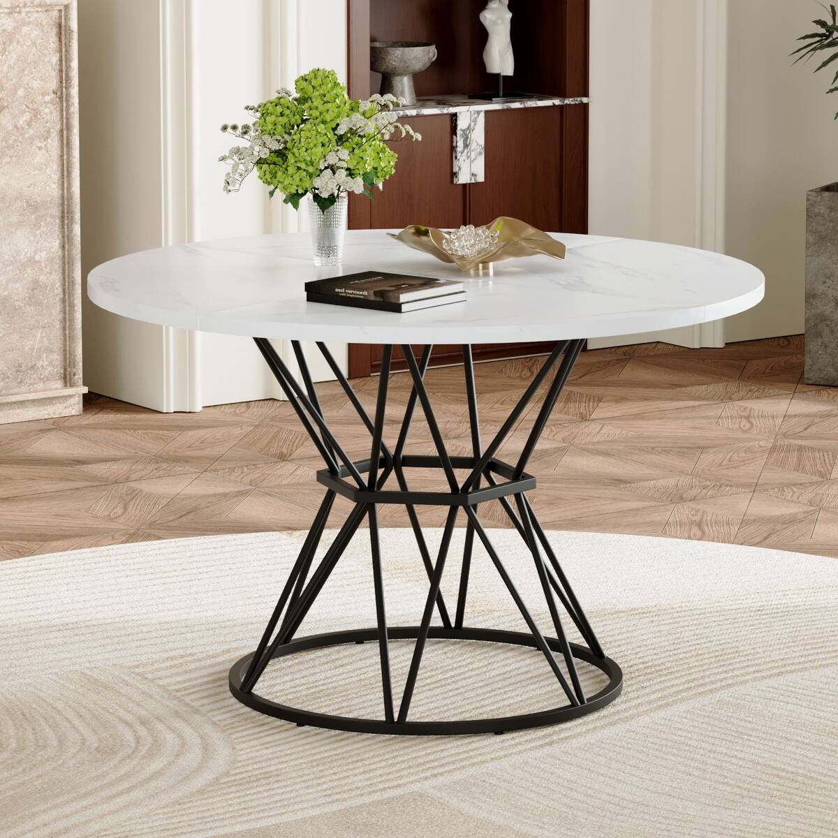 Left. Loheer - Loheer Round Dining Table with White Marble Pattern Top and Black Metal Base, 47.3-Inch Table for Four to Six - White and black.