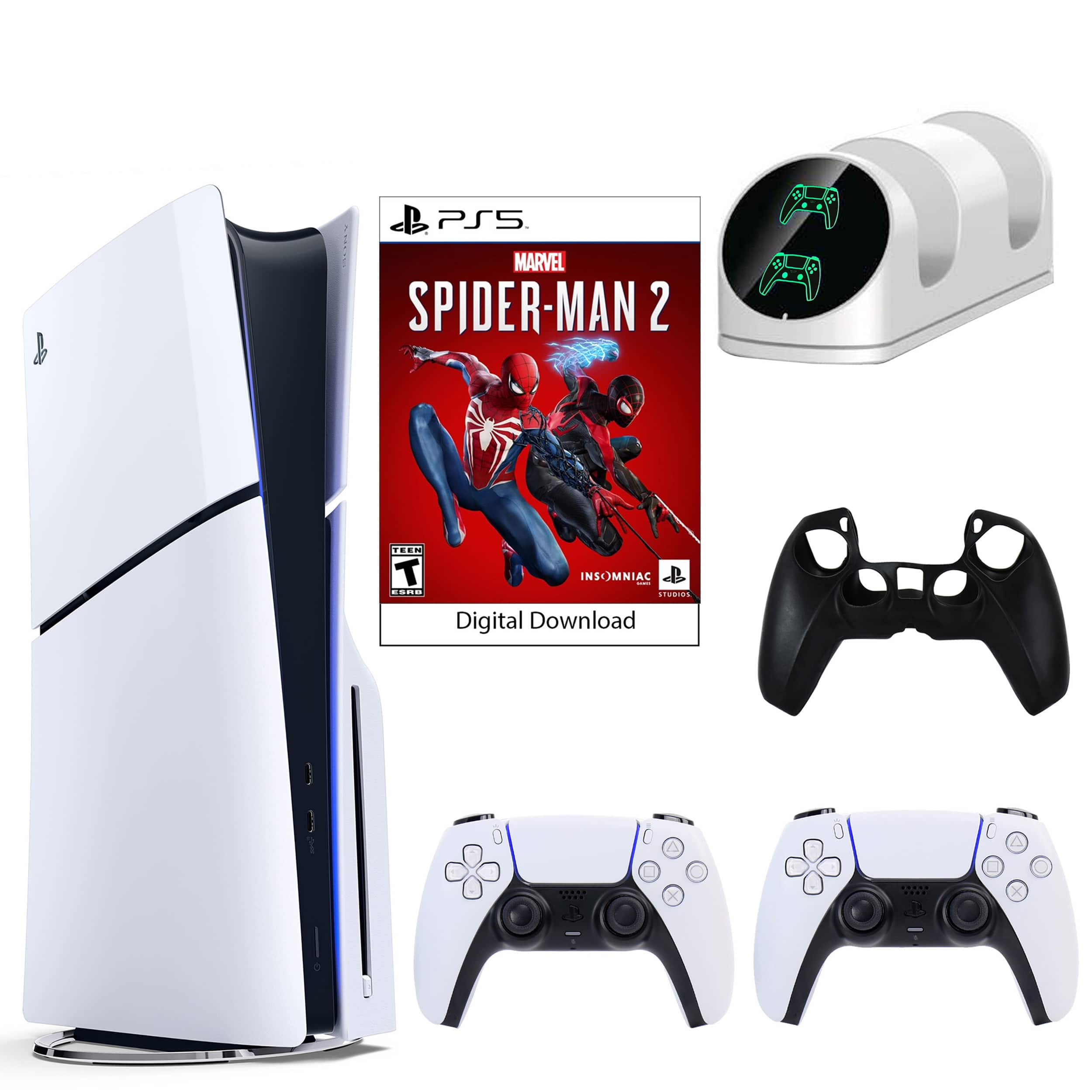 PS5 SpiderMan 2 Console with Extra Dualsense Controller, Dual Charging Dock and Silicone Sleeve - PlayStation 5