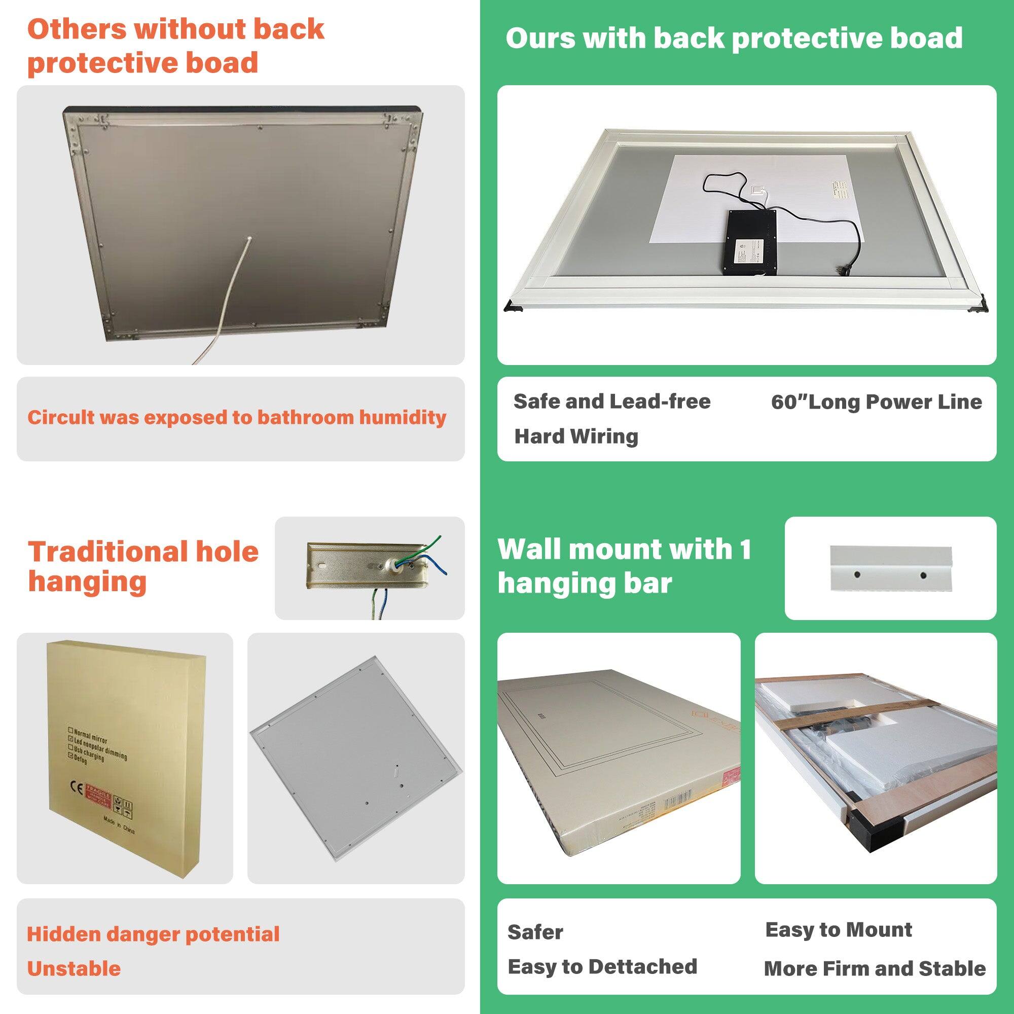 Others without back protective board
Ours with back protective board
Circuit was exposed to bathroom humidity
Safe and Lead-free Hard Wiring 60"Long Power Line
Traditional hole hanging
Wall mount with 1 hanging bar
Hidden danger potential Unstable
Safer Easy to Dettached
Easy to Mount More Firm and Stable