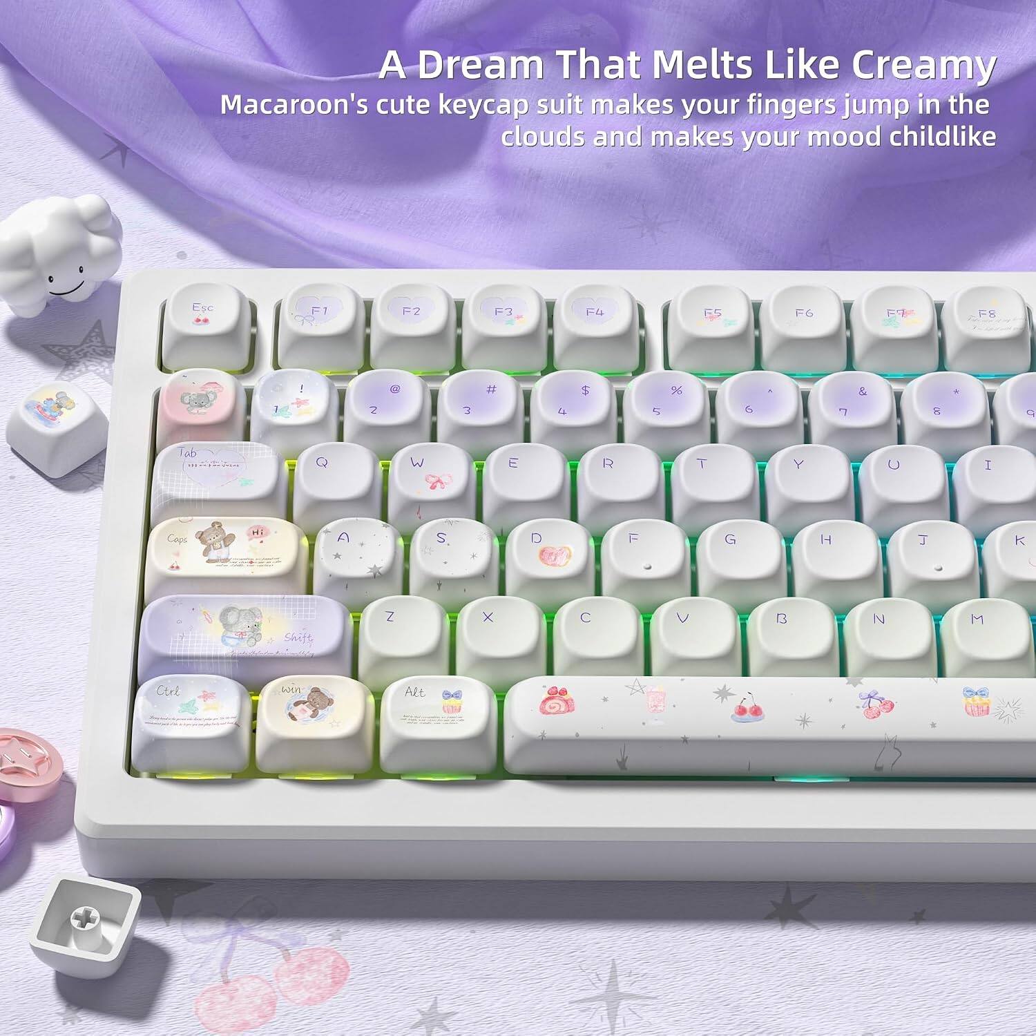 A Dream That Melts Like Creamy Macaroon's cute keycap suit makes your fingers jump in the clouds and makes your mood childlike

Esc
F1
F2
F3
F4
F5
F6
F7
F8
i
!
2
3
#
4
$
5
%
6
.
7
&
DO
.
c
dol
Q
W
E
R
T
Y
U
I
O
P
Caps
A
S
D
F
G
H
J
K
L
Shift
Z
X
C
V
B
N
M
Ctrl
win
Alt