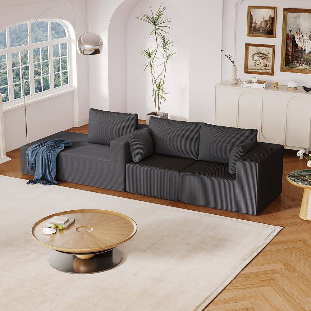 Alt View 3. Trinkets Crazed - 108.3in Sectional Foam Couch, Corduroy Fabric L Shape Sofa with Chaise Lounge - dark gray.