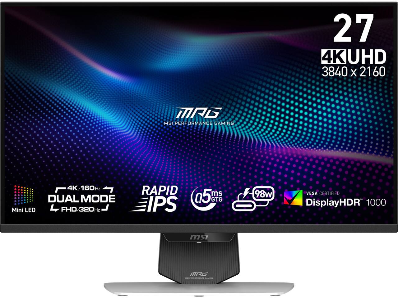 27" 4K UHD 3840 x 2160 MAG MSI Performance Gaming 4K/160Hz Dual Mode Mini LED FHD/320Hz Rapid IPS 0.5ms GTG 98W VESA Certified DisplayHDR 1000 MSI MRG - Performance