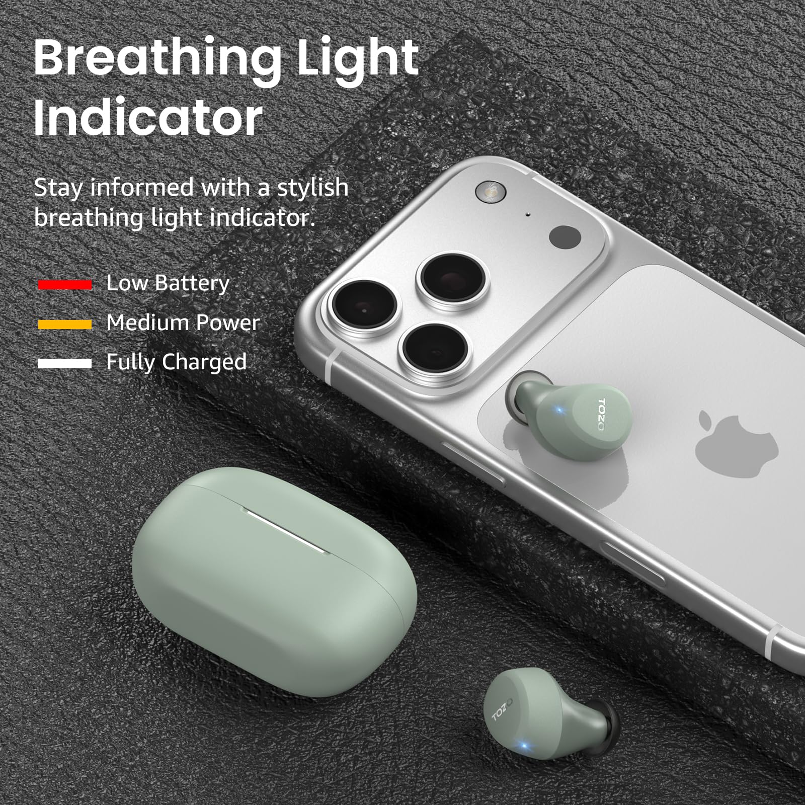 Breathing Light Indicator

Stay informed with a stylish breathing light indicator.

- Low Battery
- Medium Power
- Fully Charged

TOZO